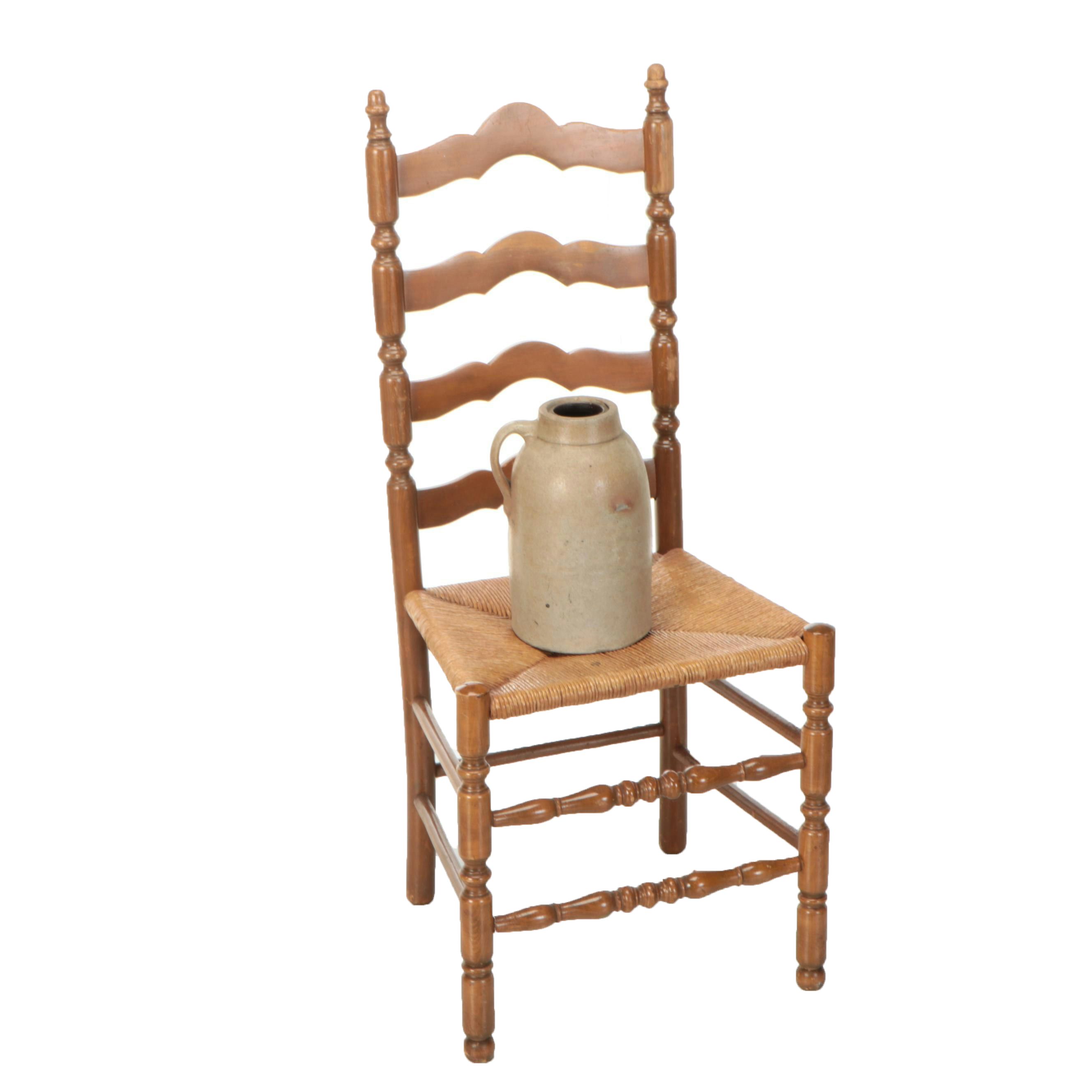 Turned Wood Ladderback Side Chair with Woven Seat and Ceramic Jug