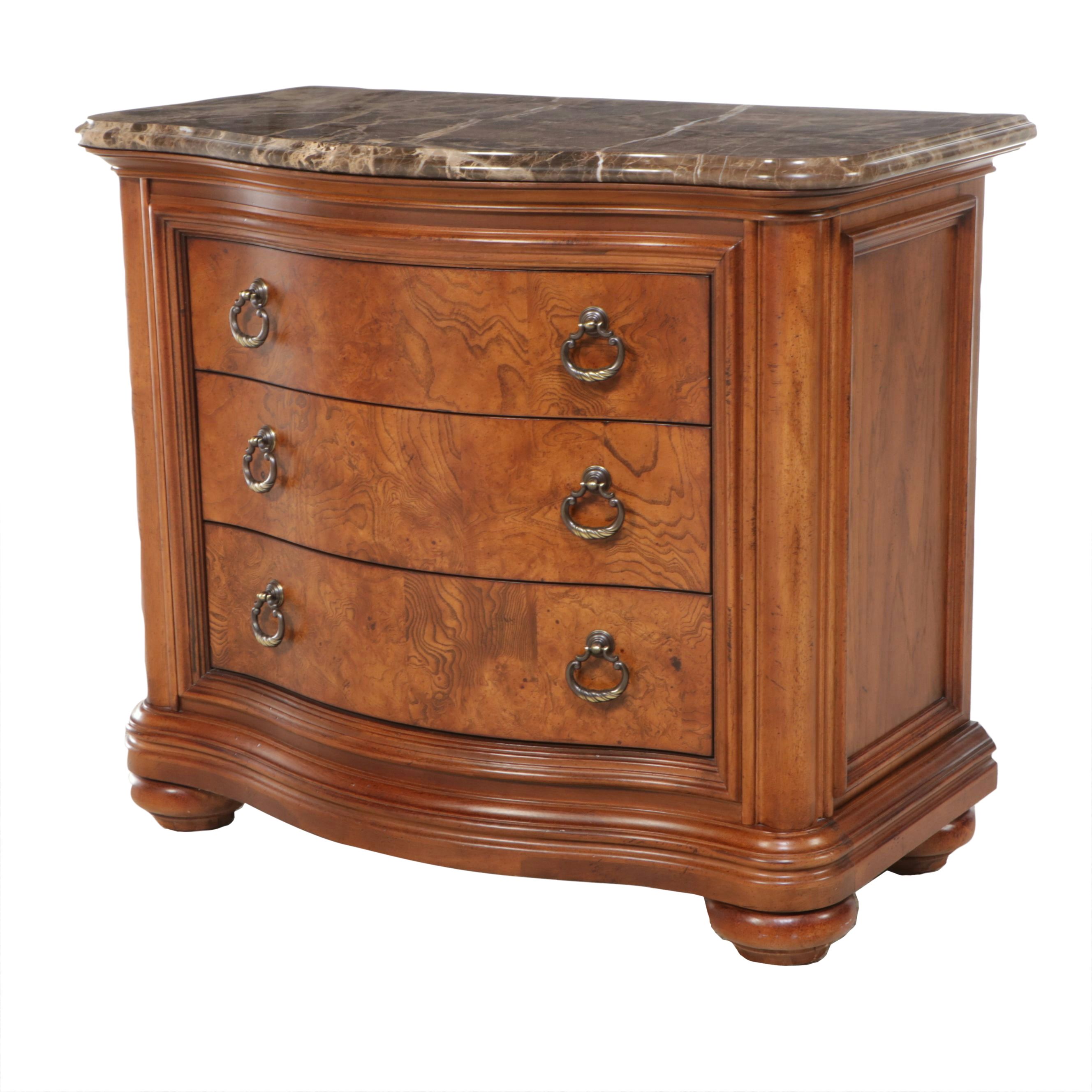 Thomasville Marble Top Burl Wood and Pecan Serpentine Front Chest