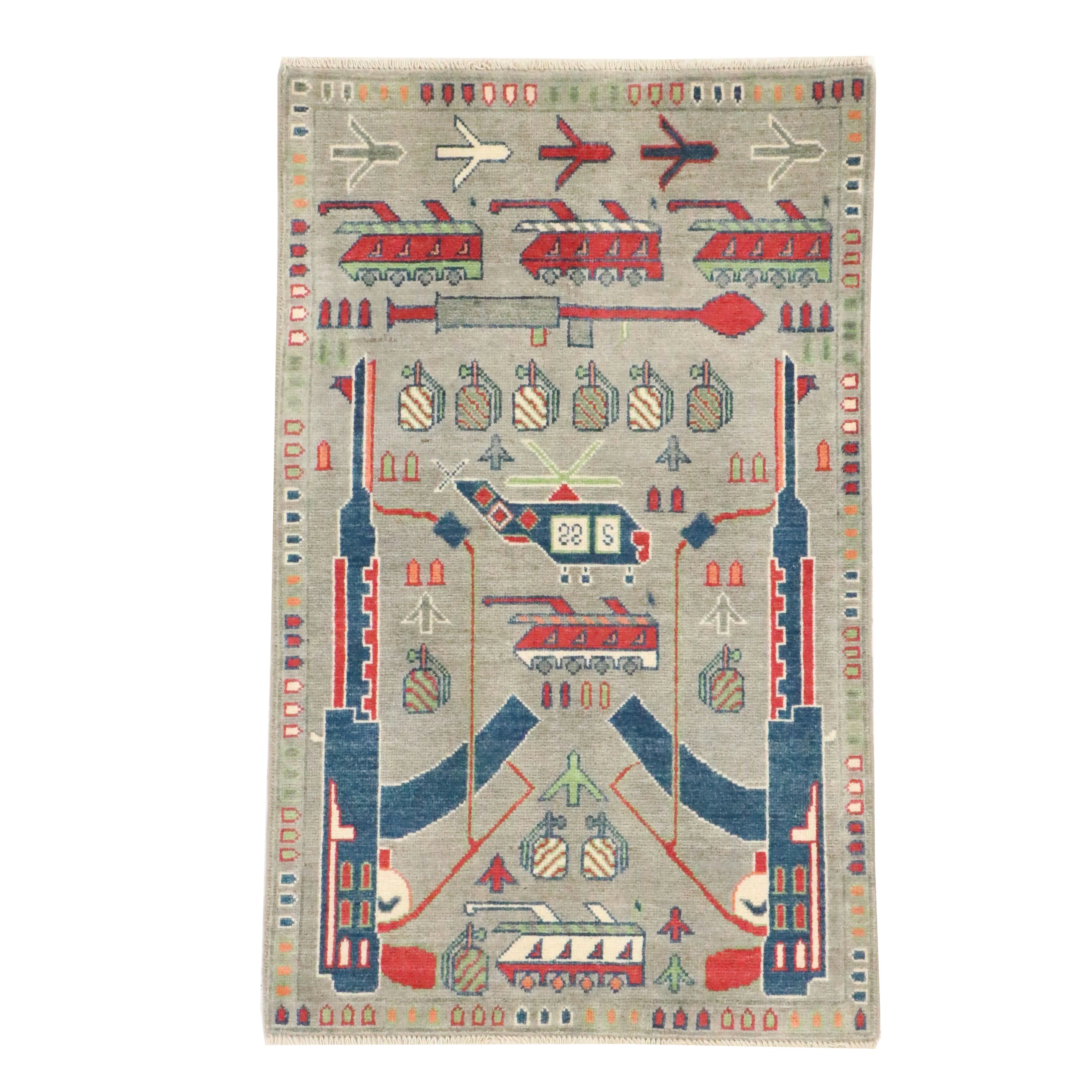 2'8 x 4'2 Hand-Knotted Afghan Pictorial War Accent Rug