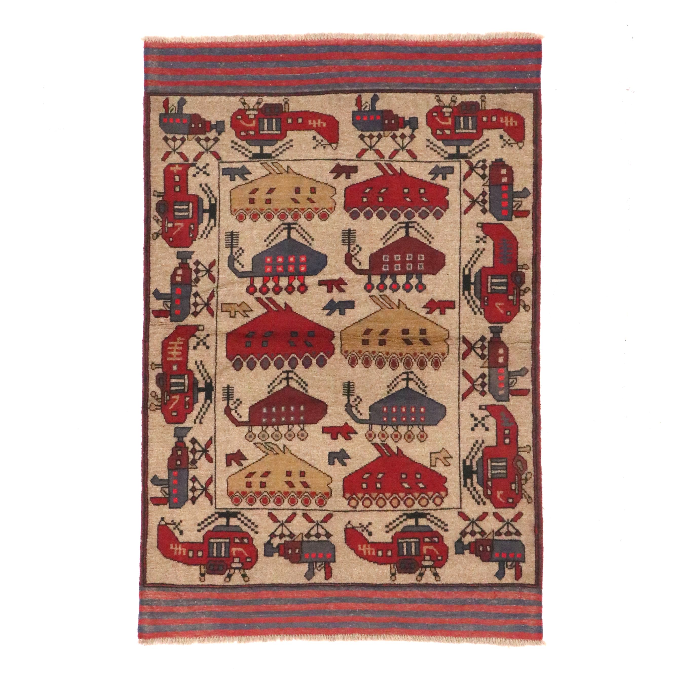 4'1 x 6'3 Hand-Knotted Pakistani Pictorial War Area Rug