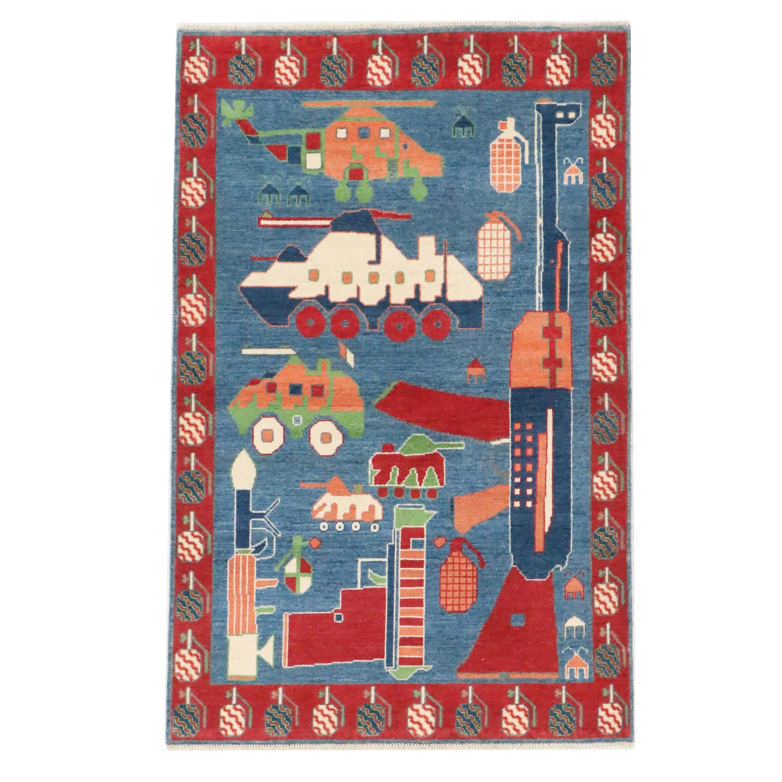 3'10 x 6'1 Hand-Knotted Afghan Pictorial War Area Rug