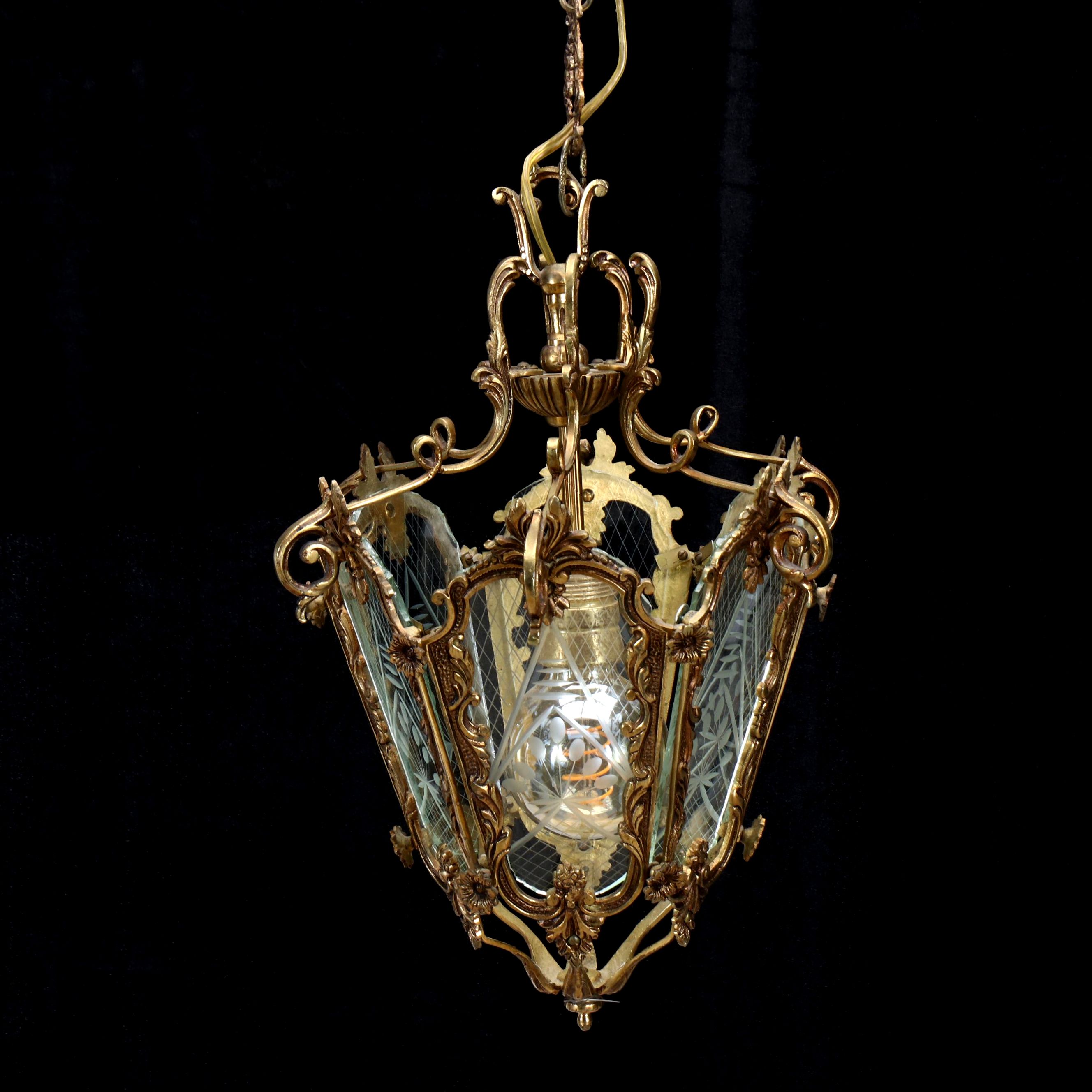 French Louis XVI Style Gilt Brass and Cut Glass Panel Pendant