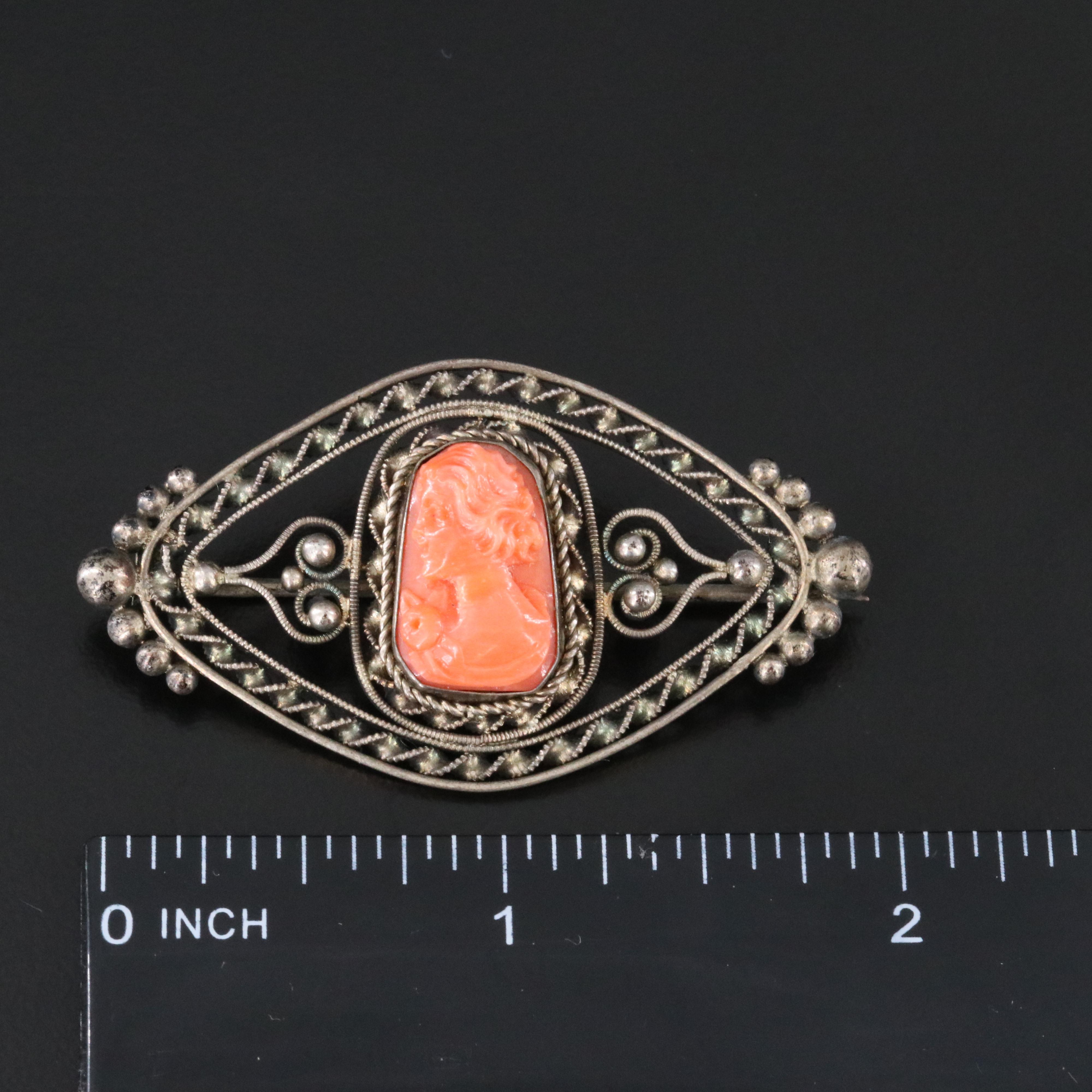 Vintage 800 Silver Coral Cameo Brooch