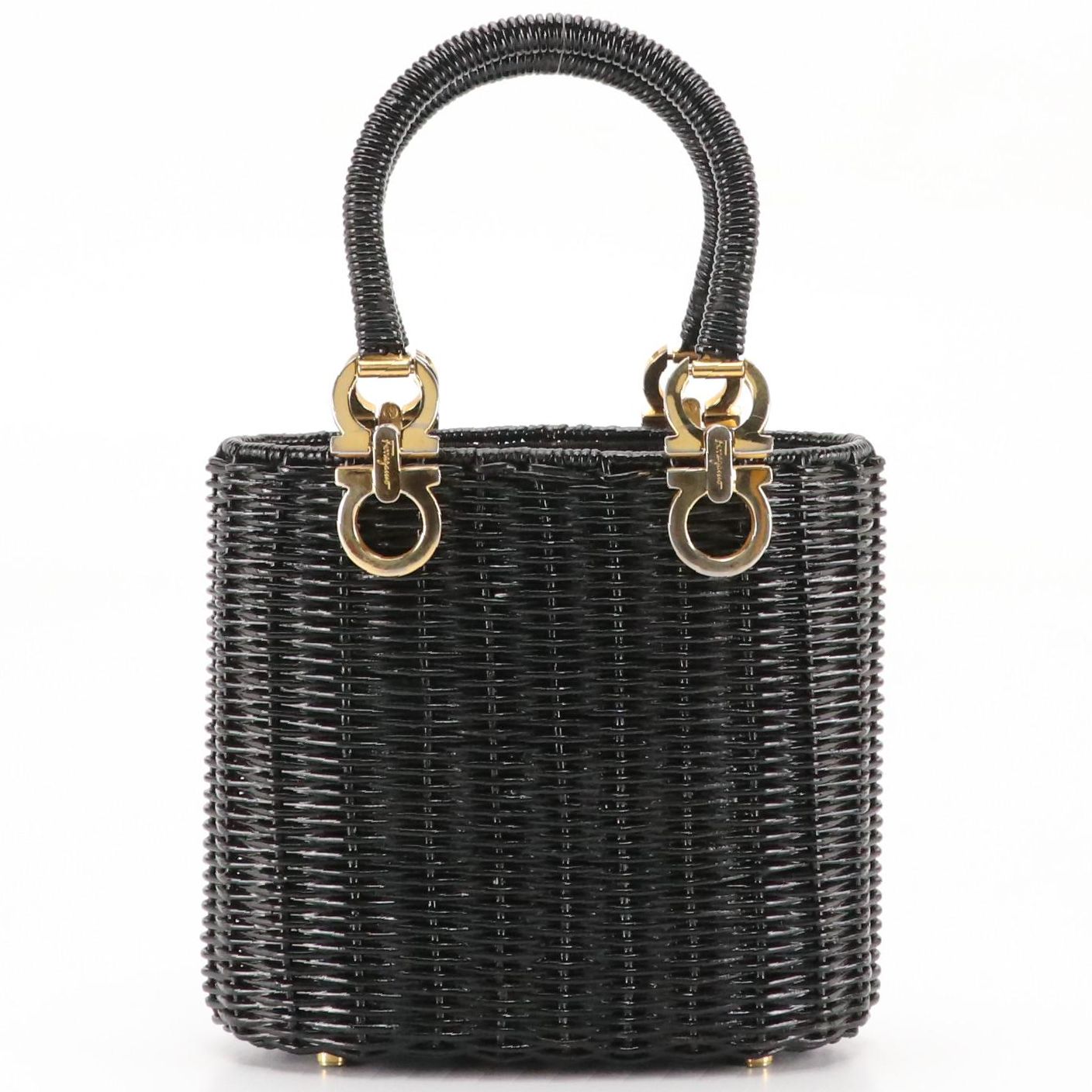 Salvatore Ferragamo Black Wicker Basket Handbag with Gancini Hardware