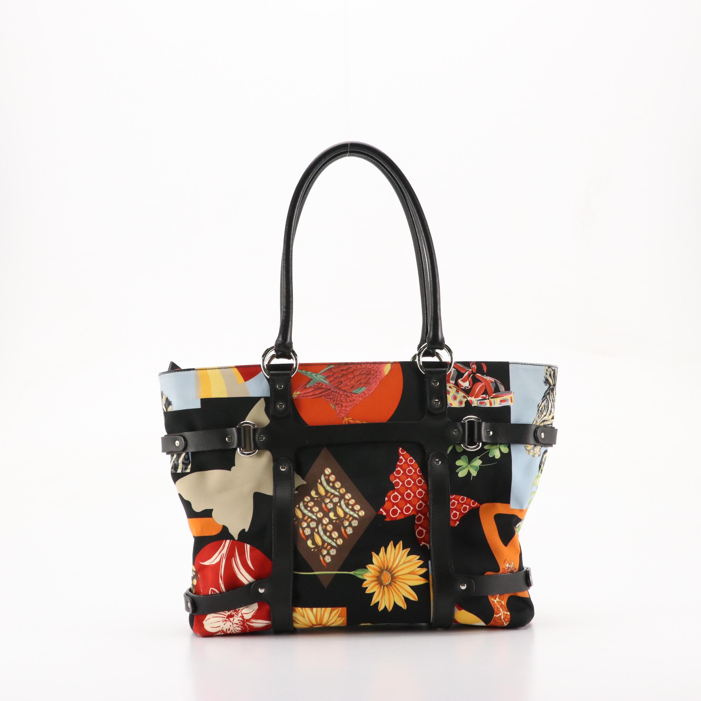 Salvatore Ferragamo Fiera Animal Printed Nylon and Back Leather Shoulder Bag