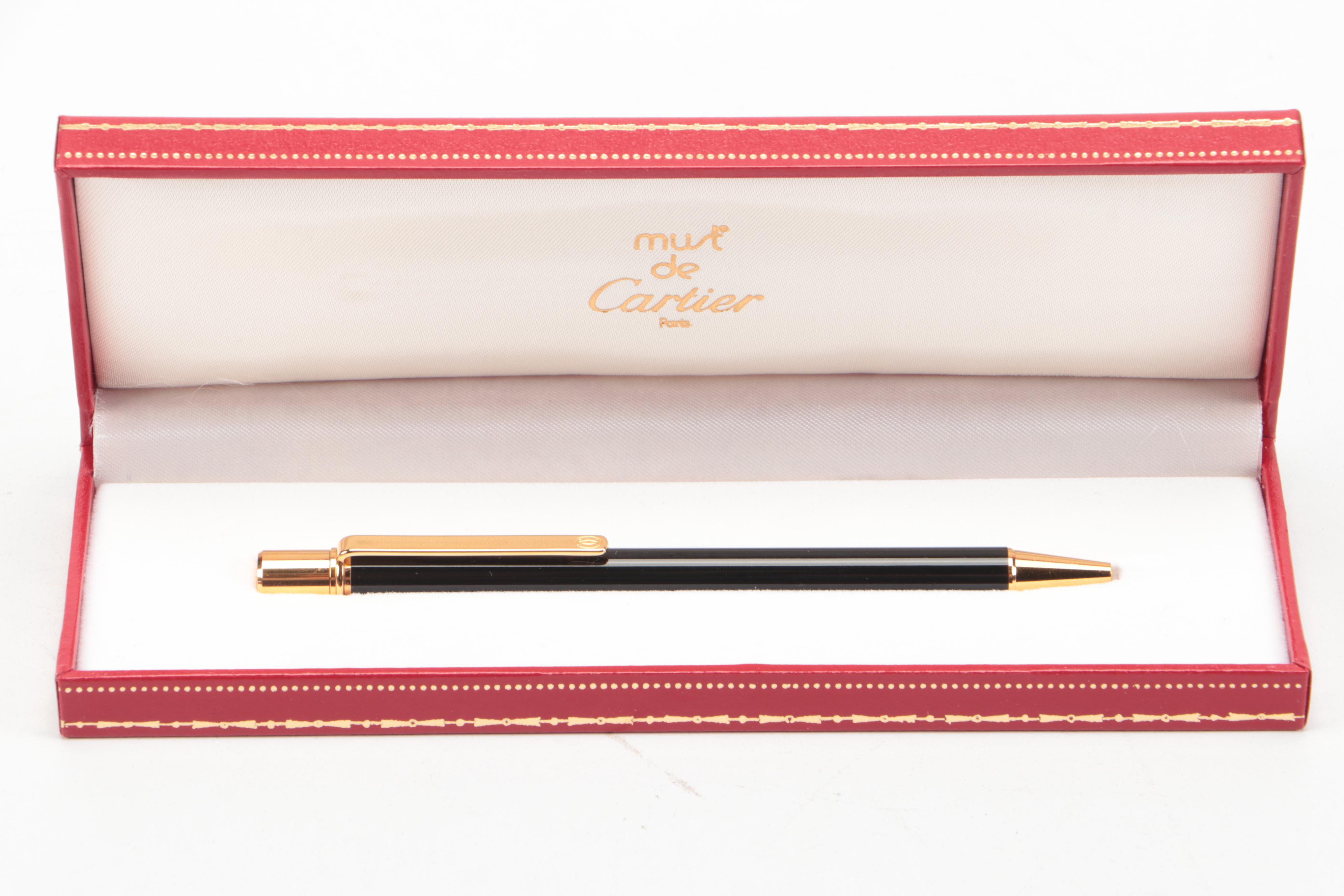 Must de Cartier "Must II" Black Lacquer Ballpoint Pen with Presentation Case