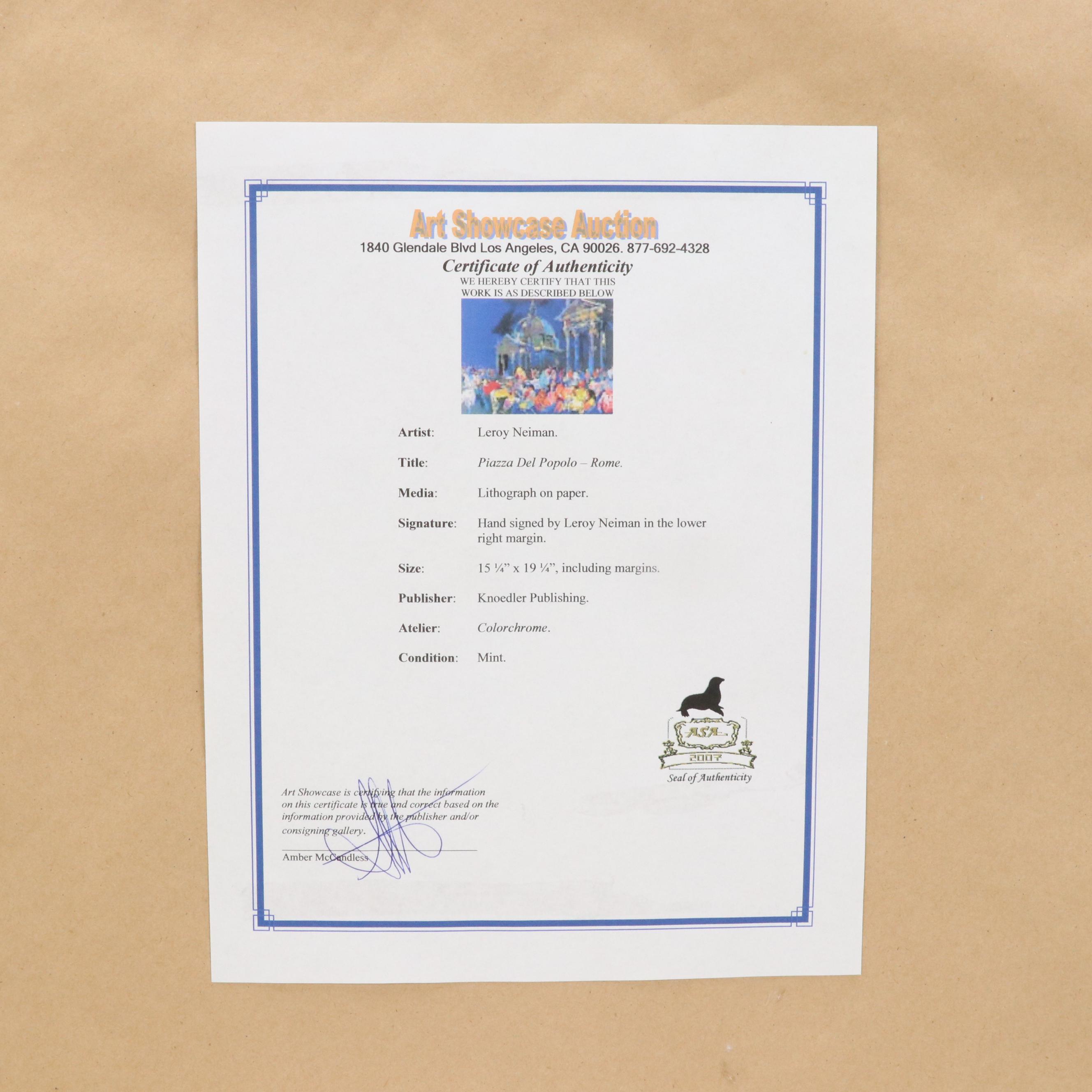 LeRoy Neiman Expressionist Offset Lithograph "Piazza del Popolo - Rome," 1988