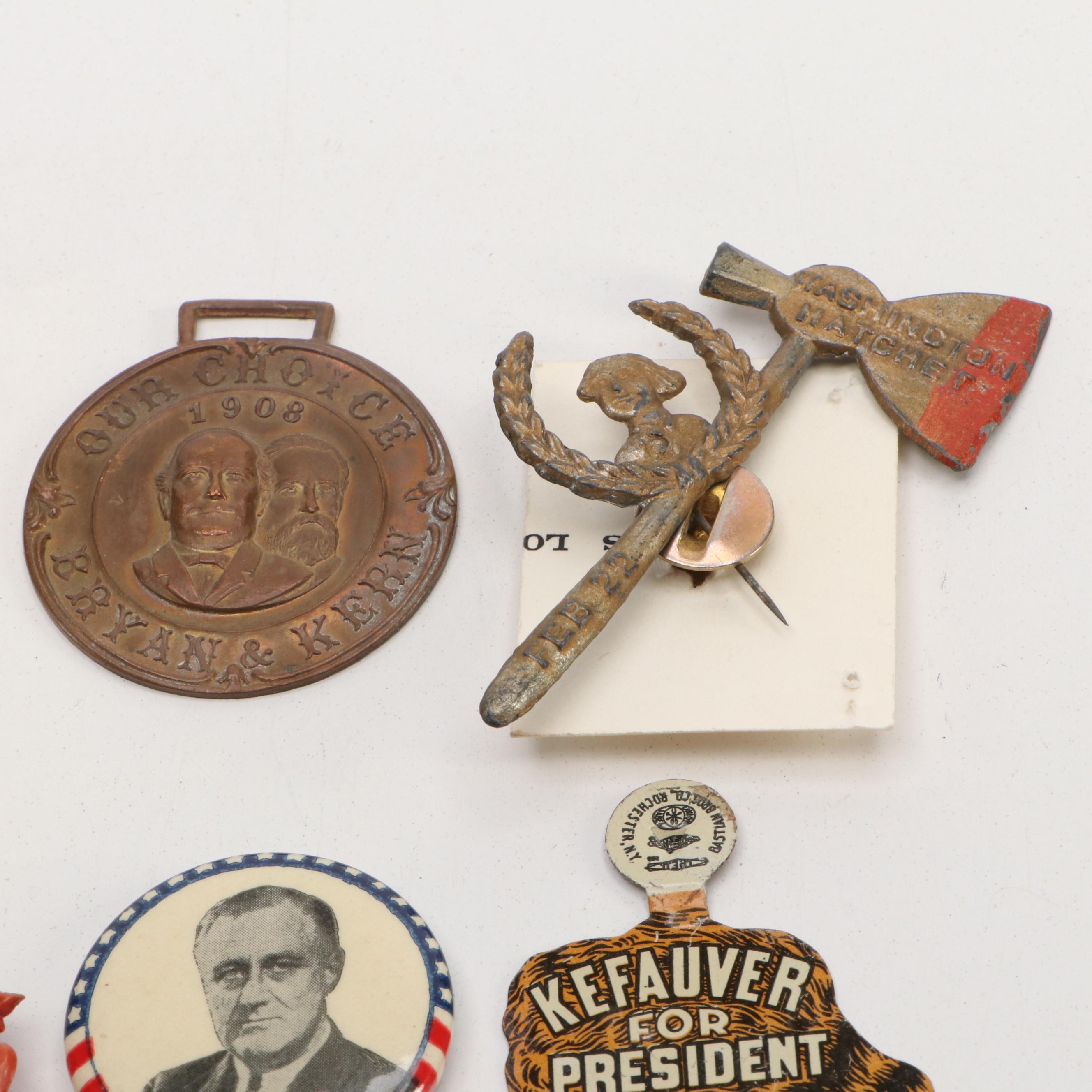 1908 Bryan & Kern Watch Fob with Woodrow Wilson Postage Stamp and Other Pinbacks