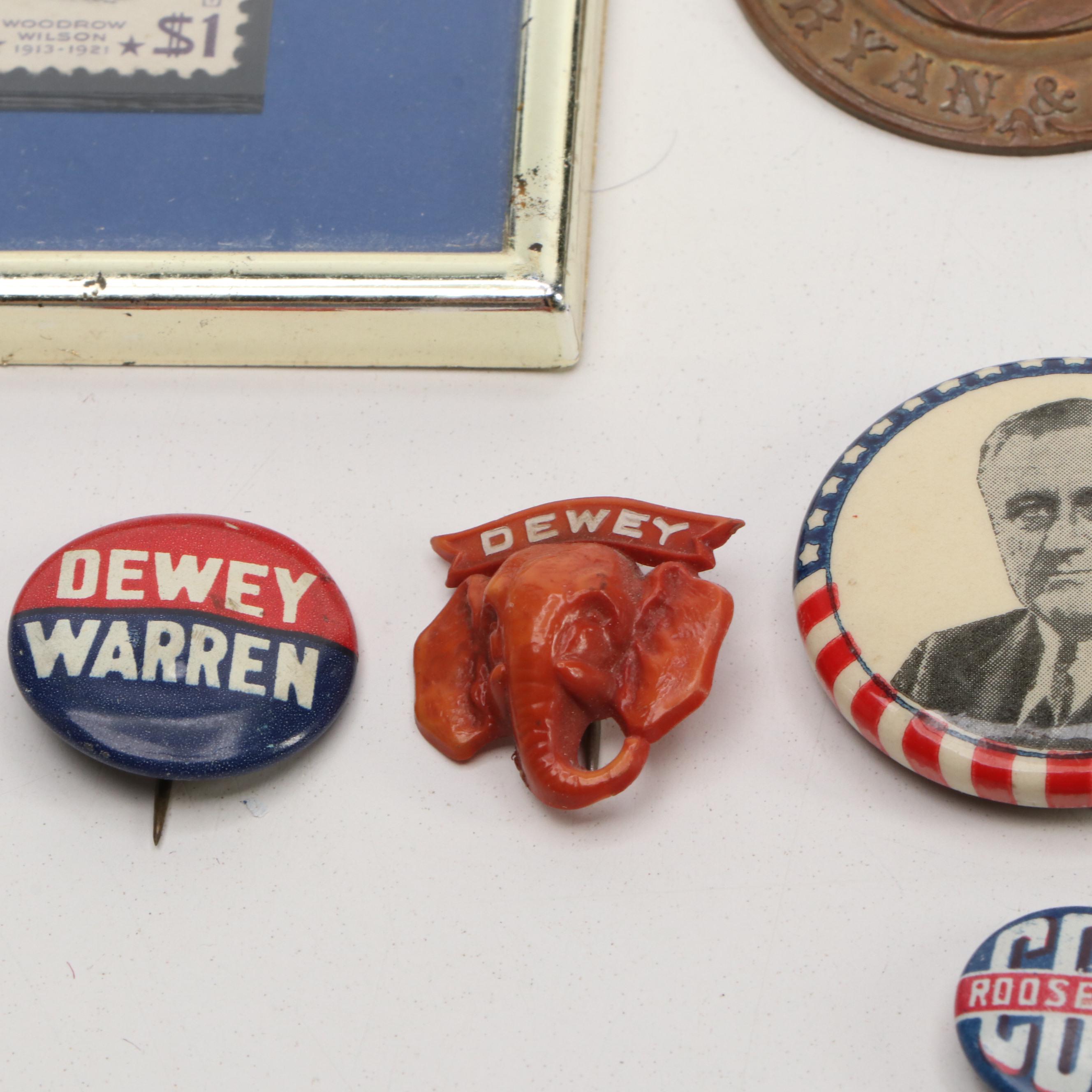 1908 Bryan & Kern Watch Fob with Woodrow Wilson Postage Stamp and Other Pinbacks