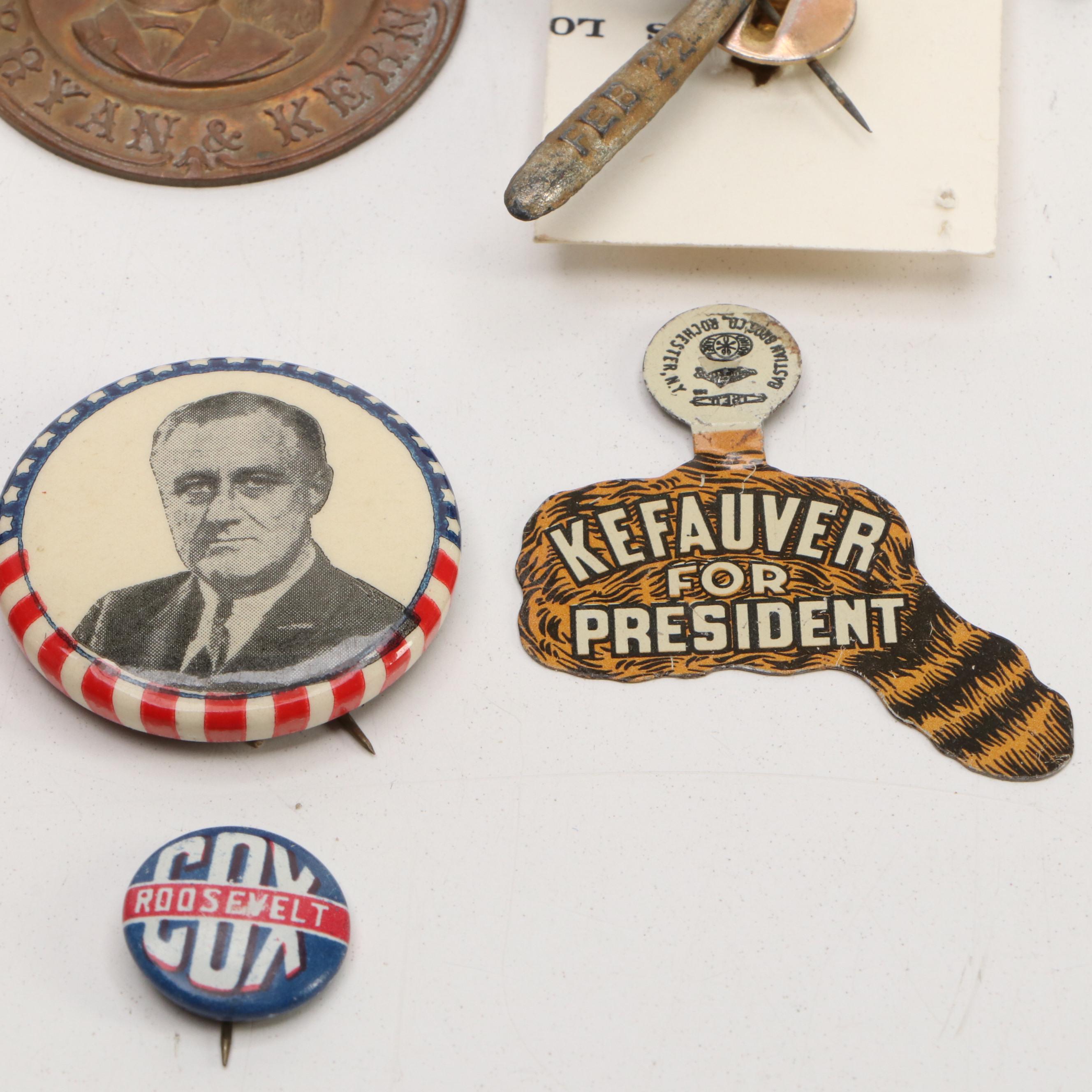 1908 Bryan & Kern Watch Fob with Woodrow Wilson Postage Stamp and Other Pinbacks