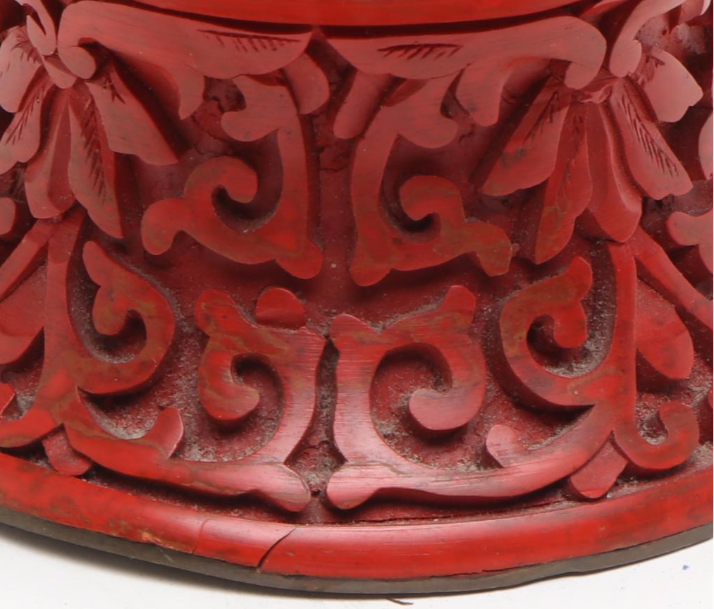 Chinese Floral Red Finish Enamel Vase with Brass Rims and Wood Decorative Box
