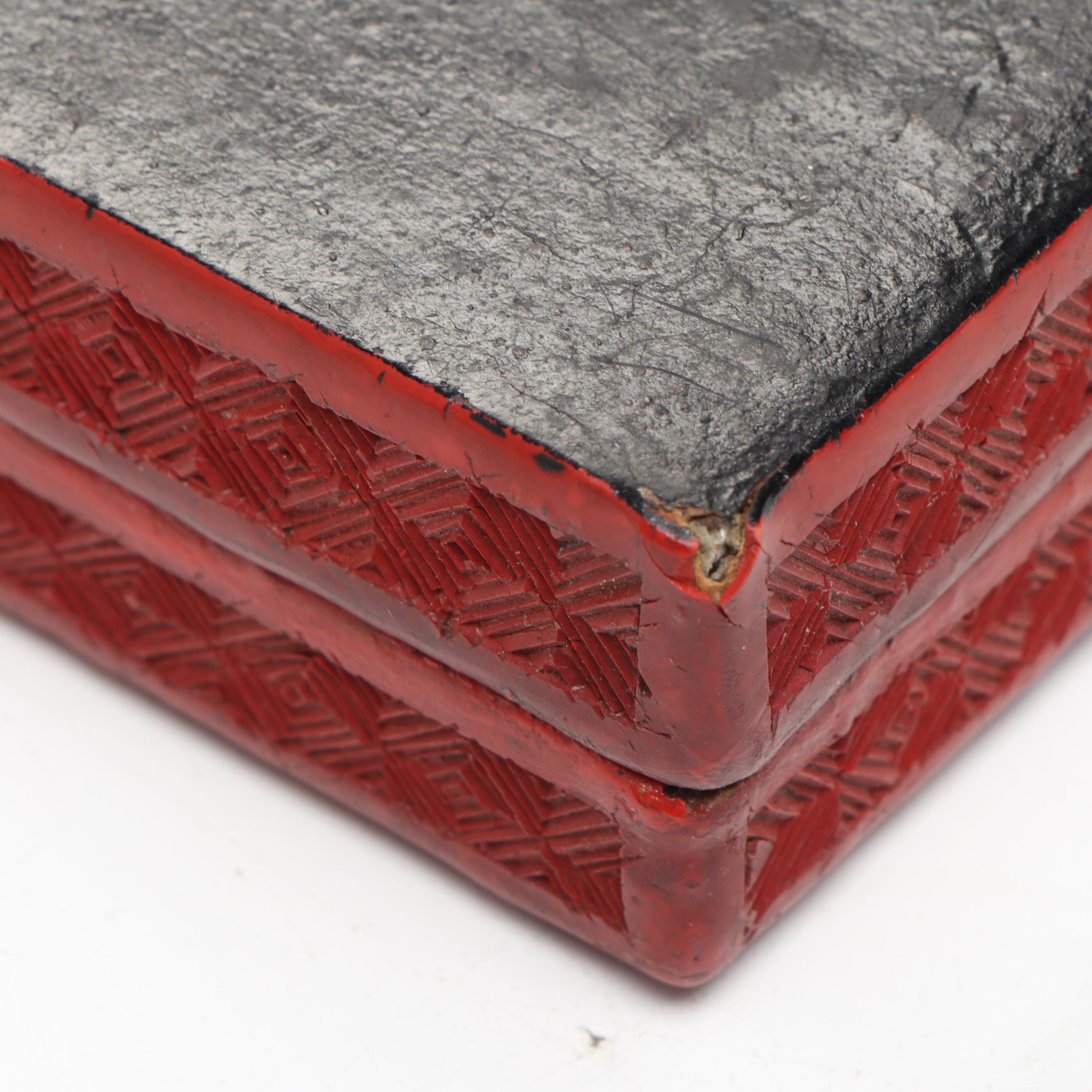 Chinese Floral Red Finish Enamel Vase with Brass Rims and Wood Decorative Box