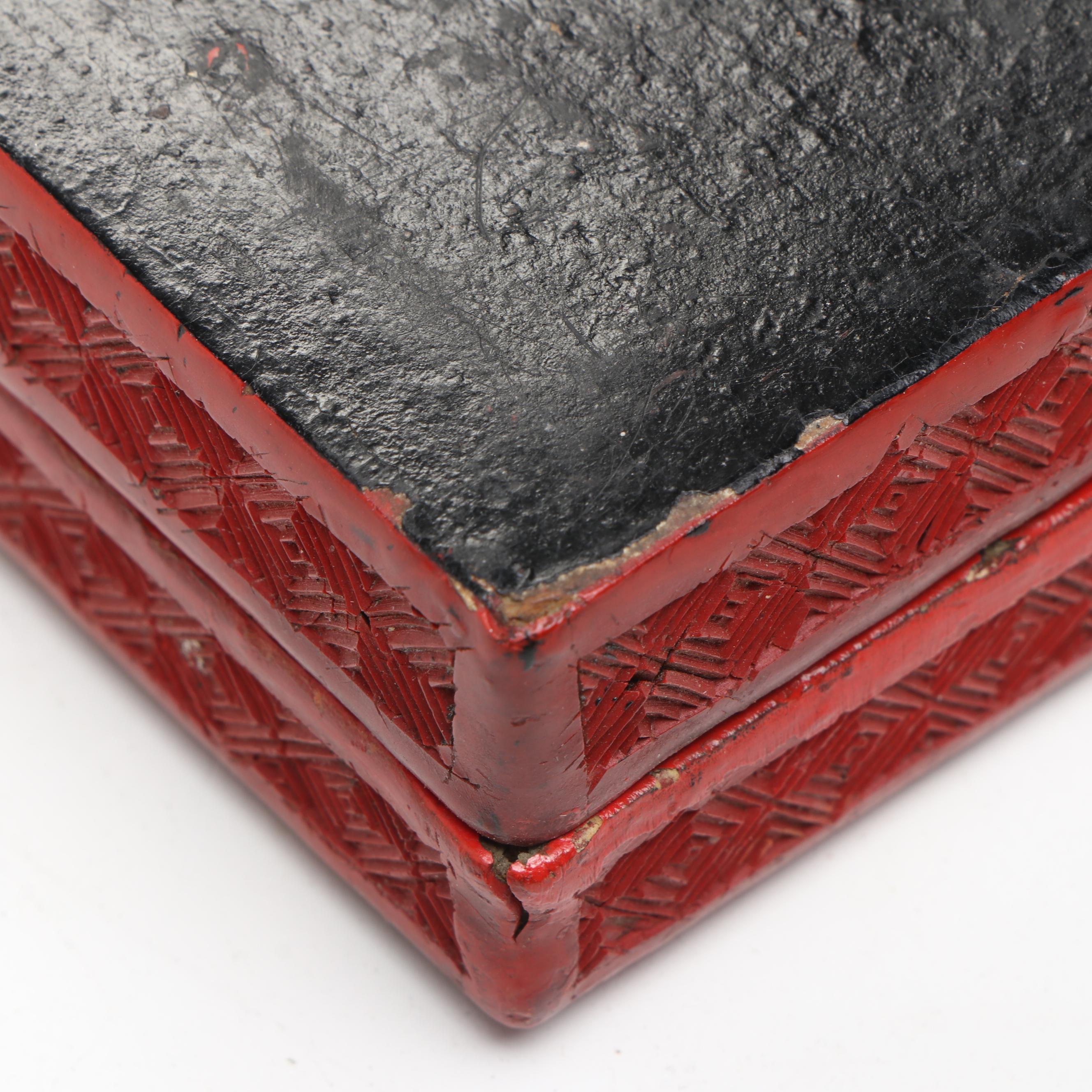 Chinese Floral Red Finish Enamel Vase with Brass Rims and Wood Decorative Box