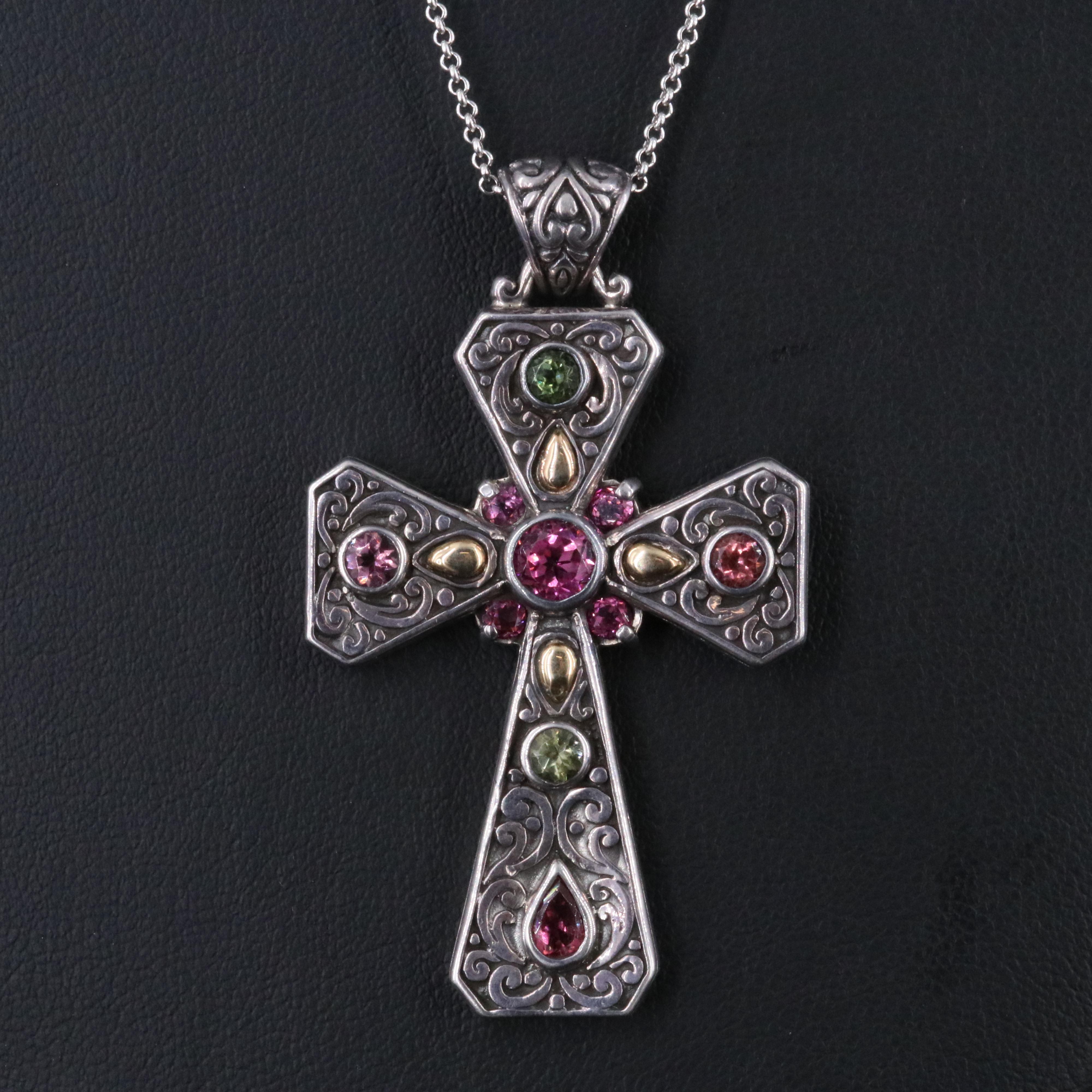 Sterling Pink Sapphire and Tourmaline Cross Necklace
