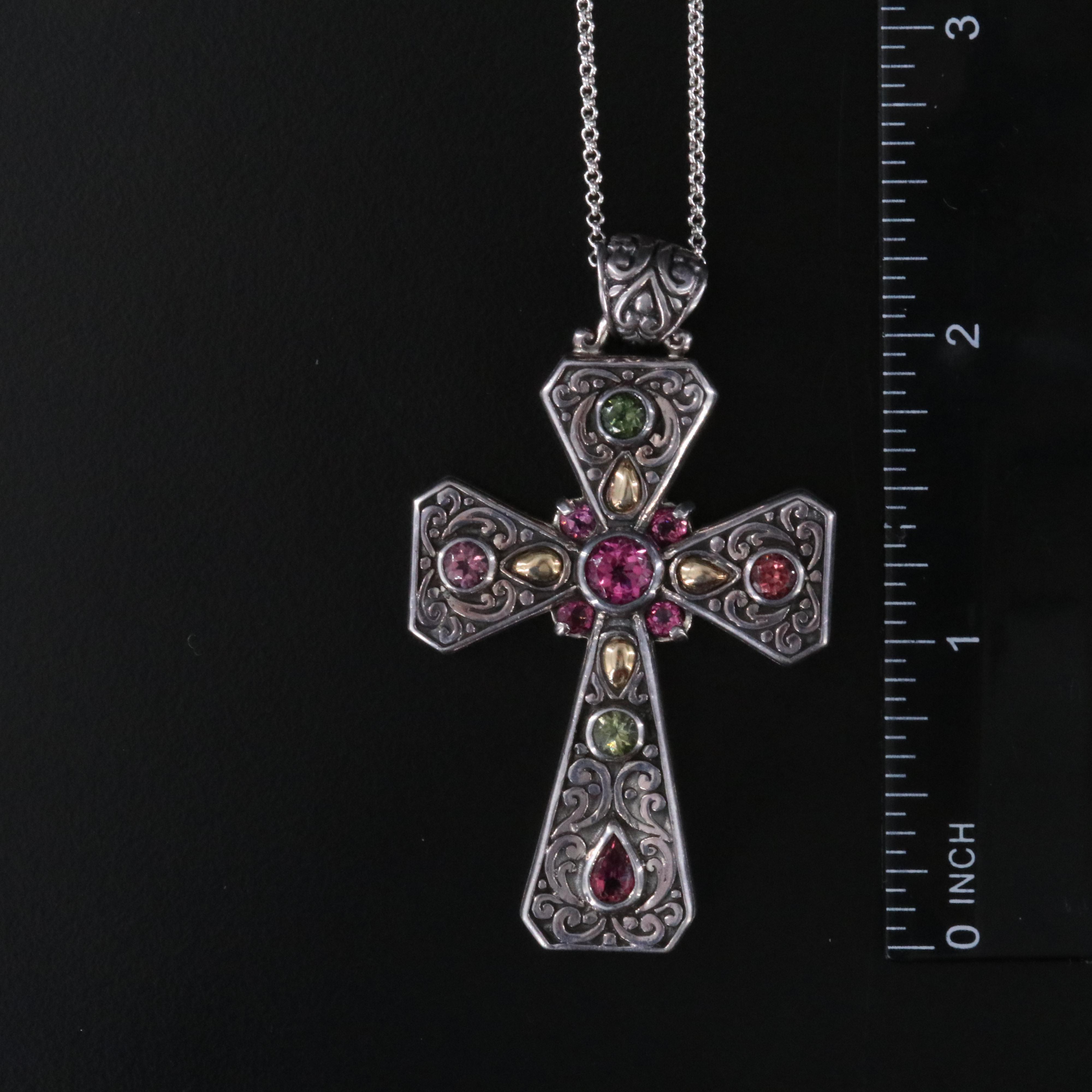 Sterling Pink Sapphire and Tourmaline Cross Necklace