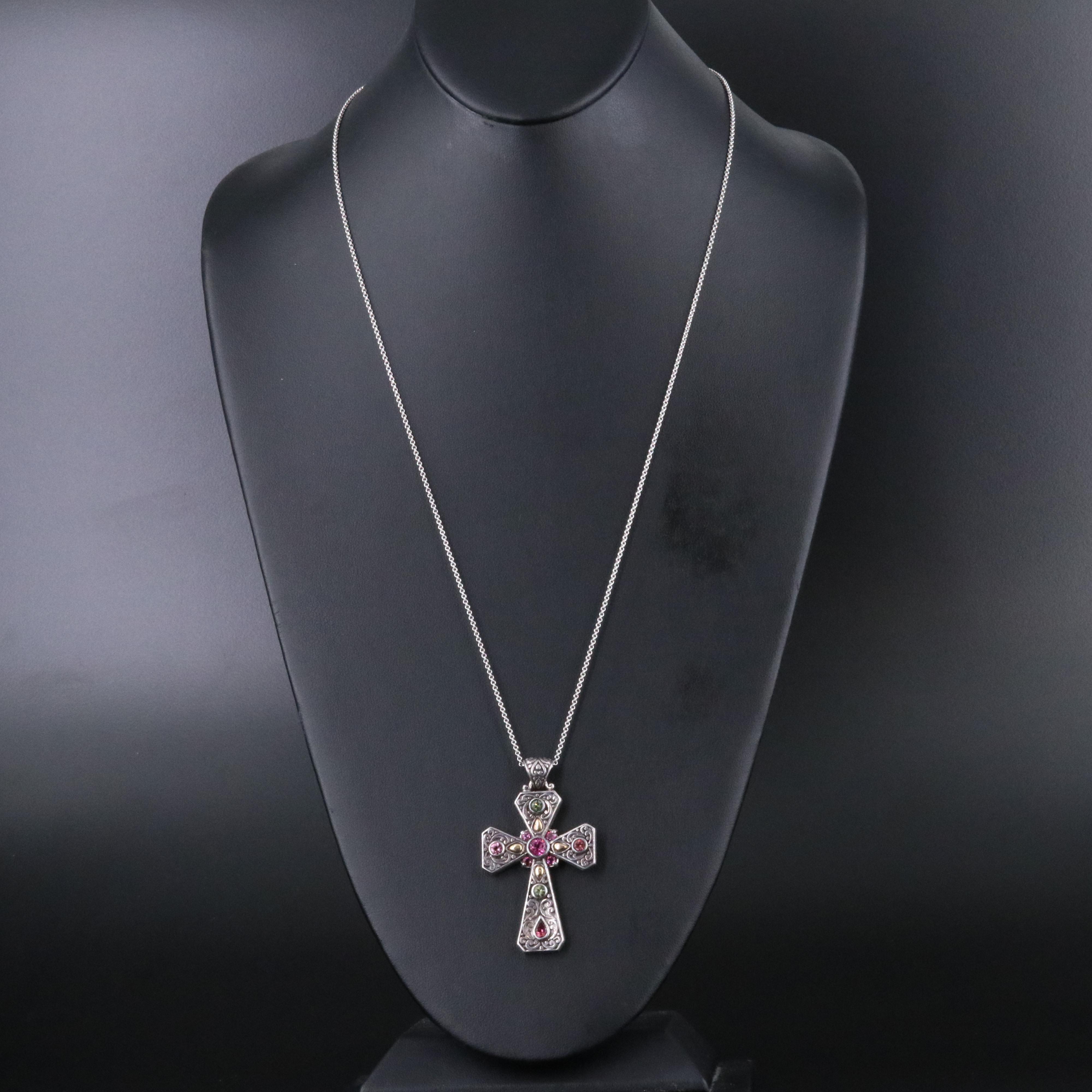 Sterling Pink Sapphire and Tourmaline Cross Necklace