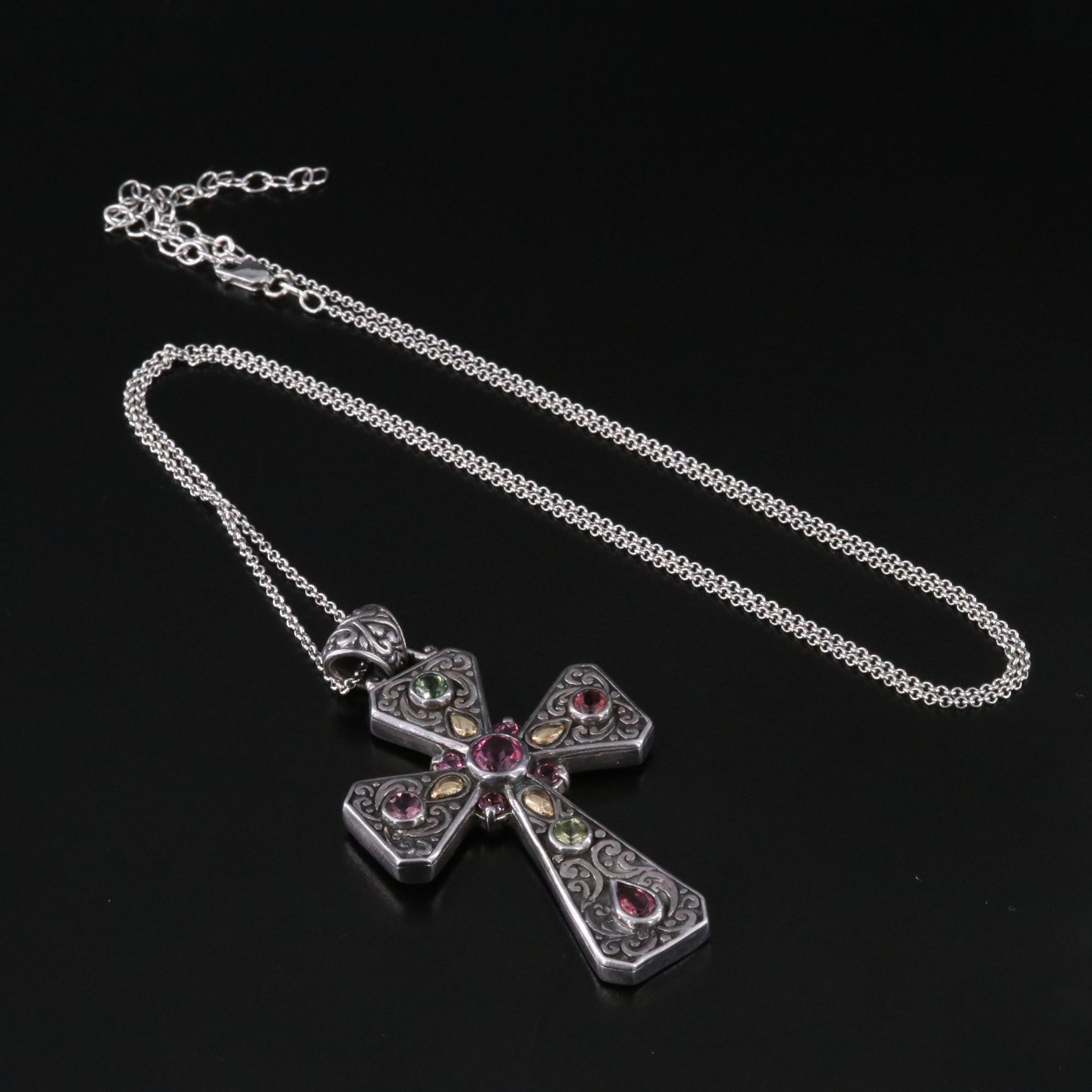 Sterling Pink Sapphire and Tourmaline Cross Necklace