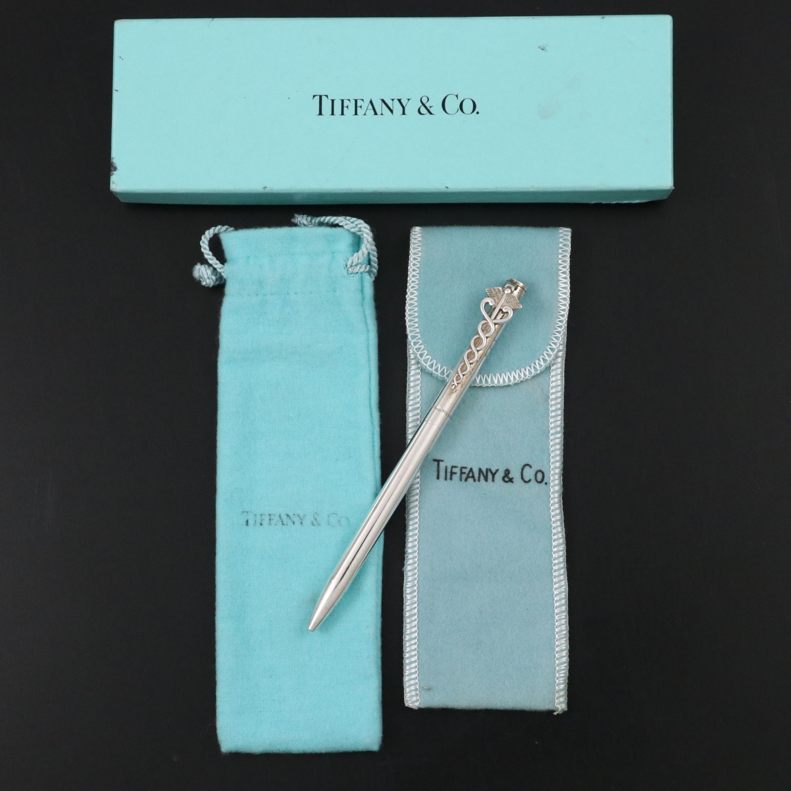 Tiffany & Co. Sterling Caduceus Ballpoint Pen, Presentation Case & Silver Cloth
