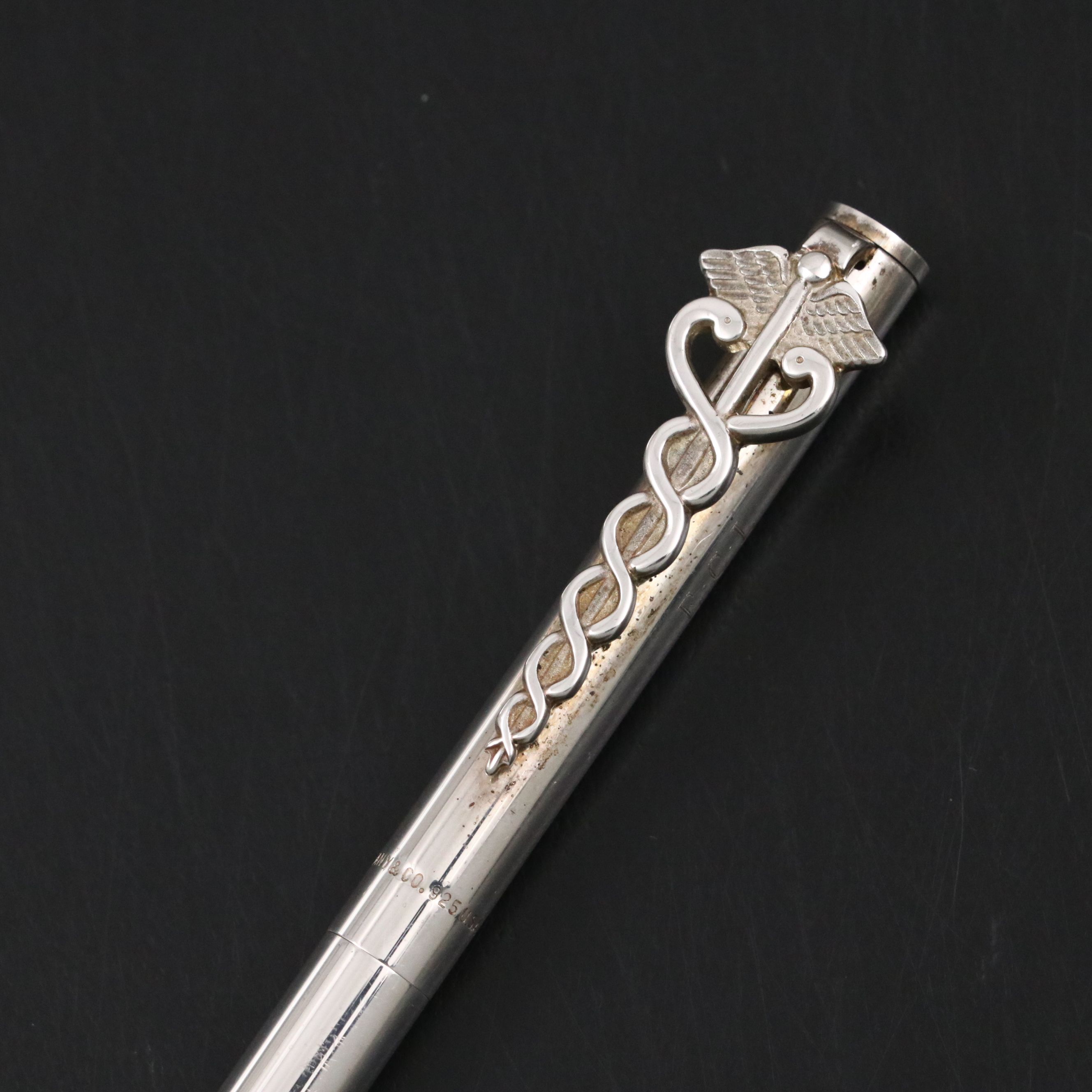 Tiffany & Co. Sterling Caduceus Ballpoint Pen, Presentation Case & Silver Cloth