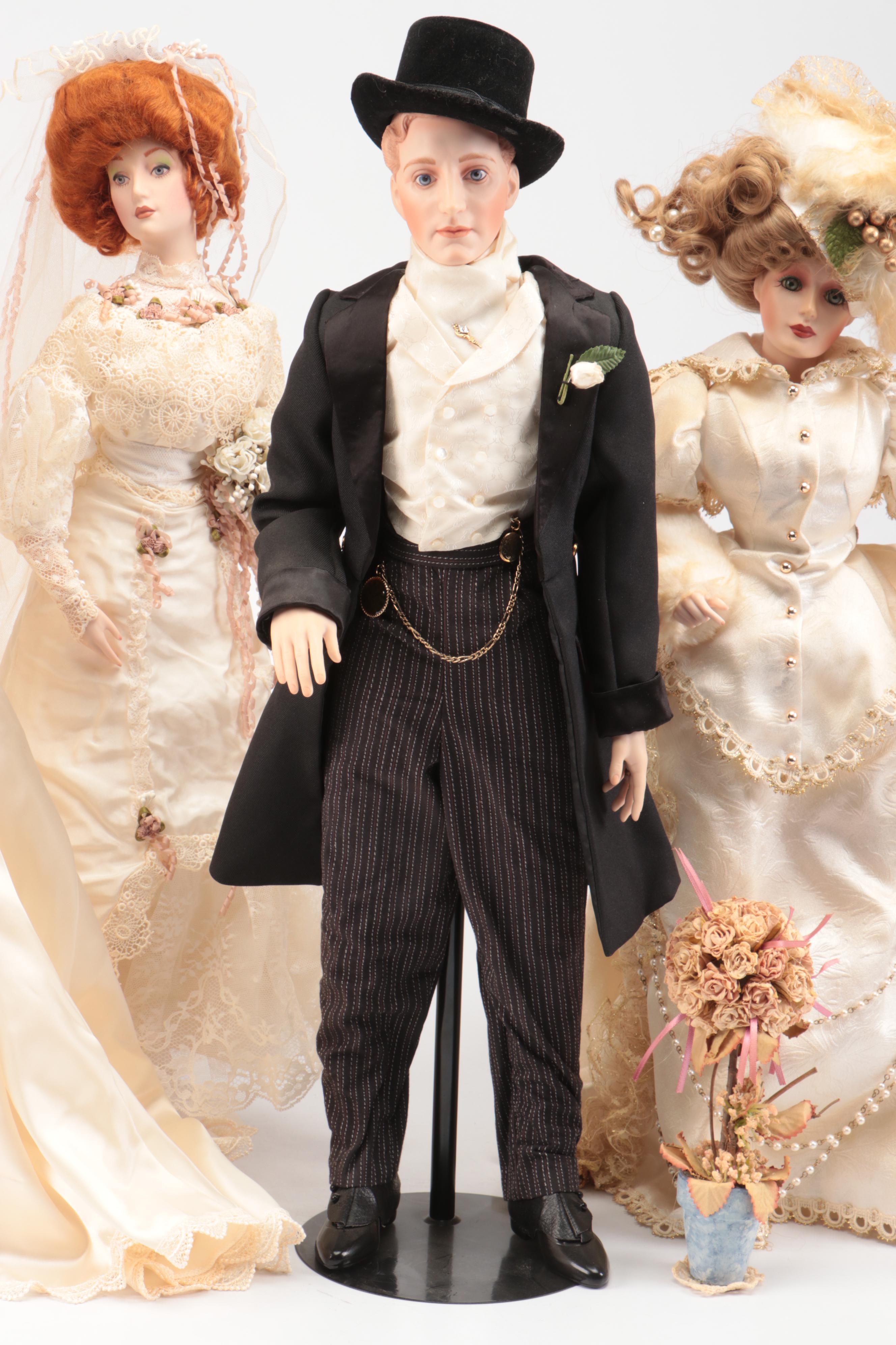 Franklin Heirloom "The Gibson Bride and Groom" with Other Dolls, Late 20th C.