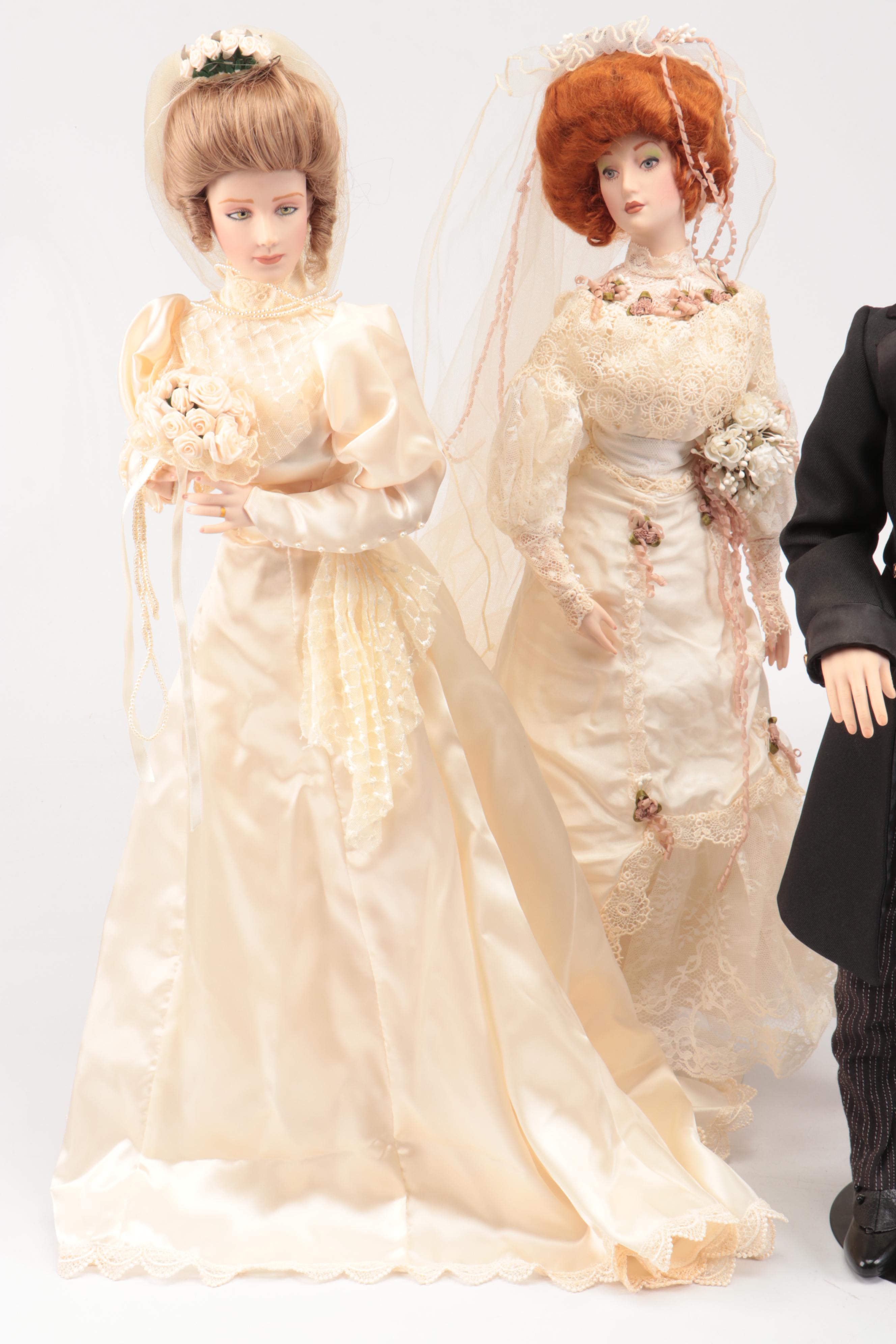 Franklin Heirloom "The Gibson Bride and Groom" with Other Dolls, Late 20th C.