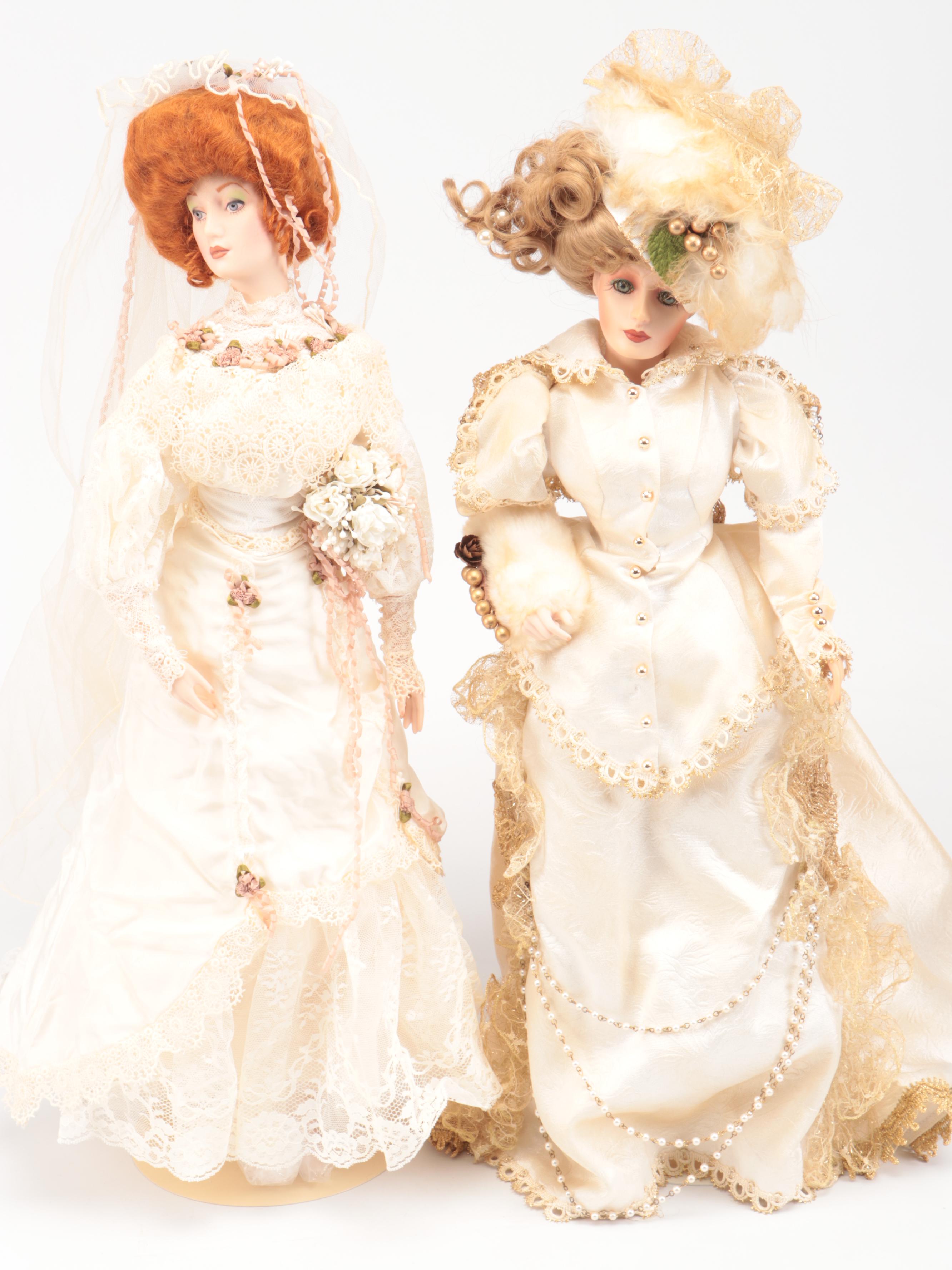 Franklin Heirloom "The Gibson Bride and Groom" with Other Dolls, Late 20th C.