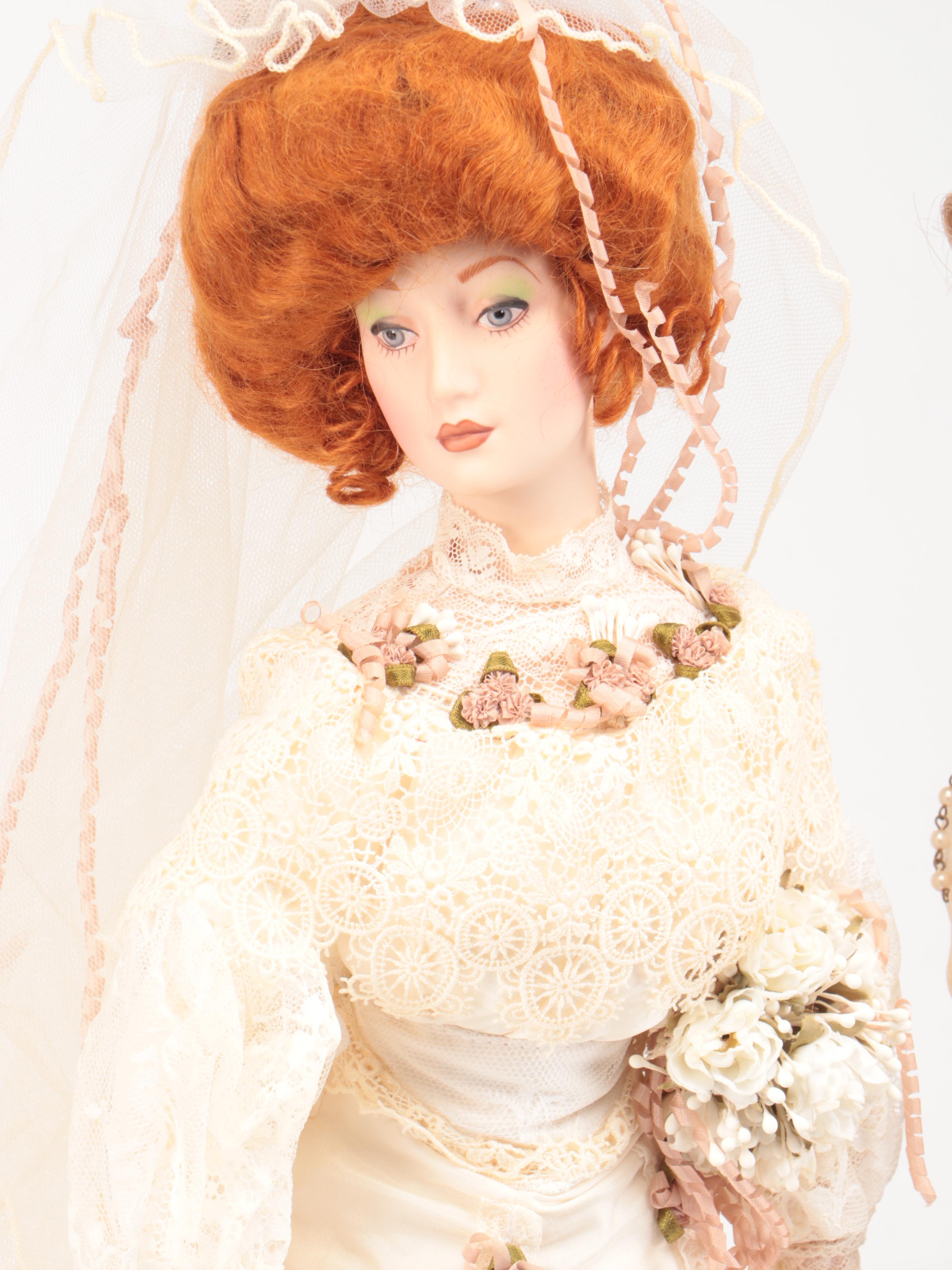 Franklin Heirloom "The Gibson Bride and Groom" with Other Dolls, Late 20th C.