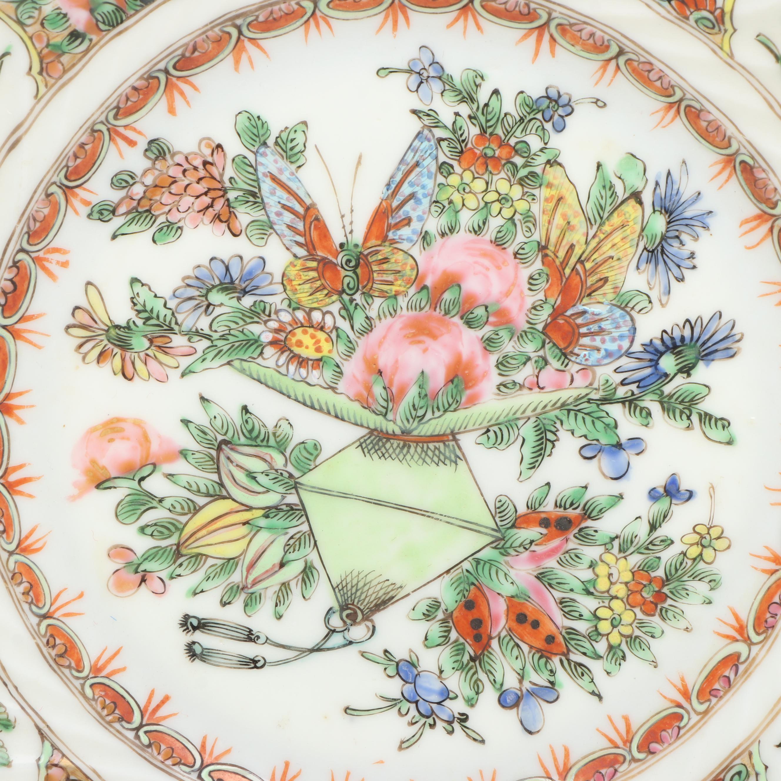 Chinese Porcelain Rose Medallion Lobed Tazza with Famille Rose Plate and Planter