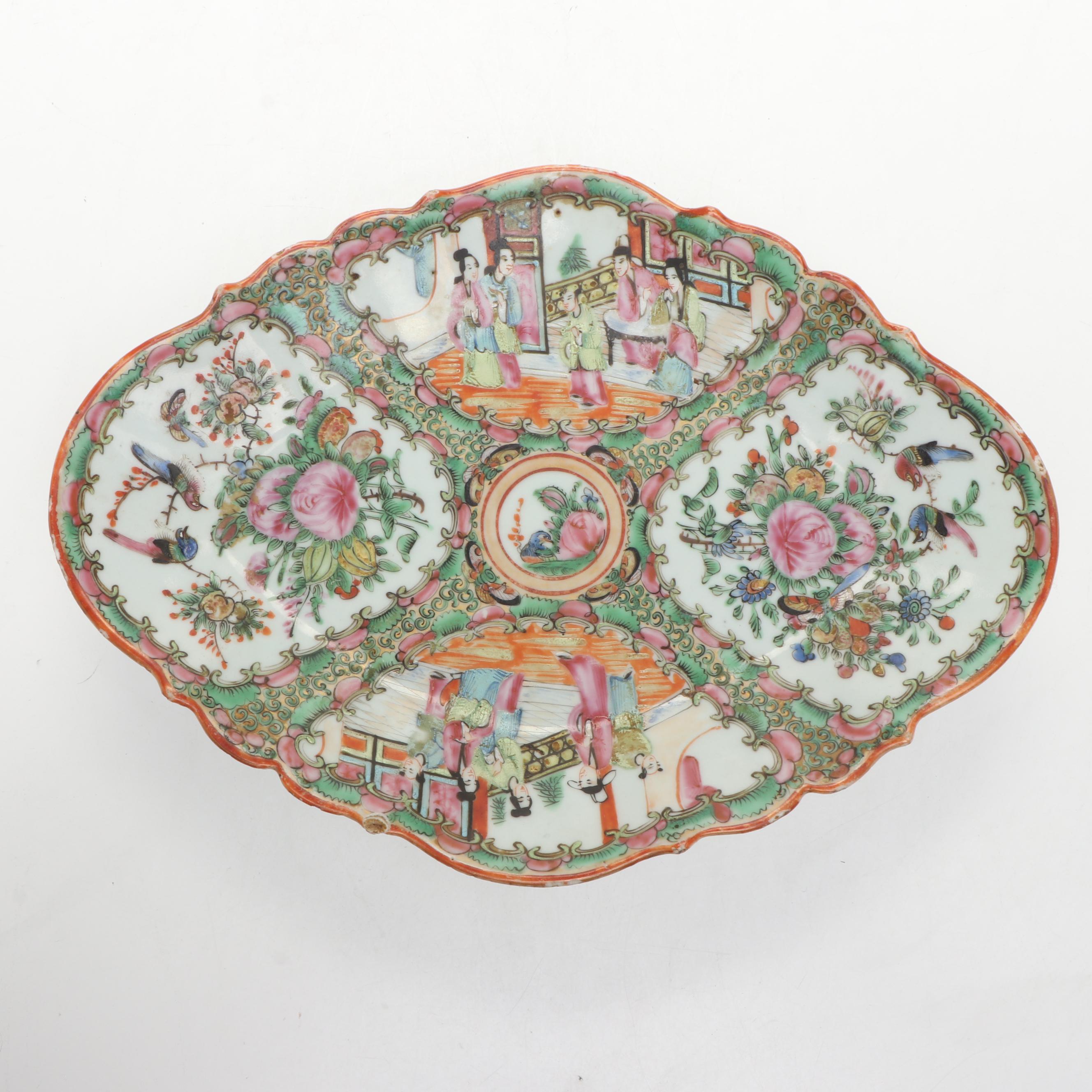 Chinese Porcelain Rose Medallion Lobed Tazza with Famille Rose Plate and Planter