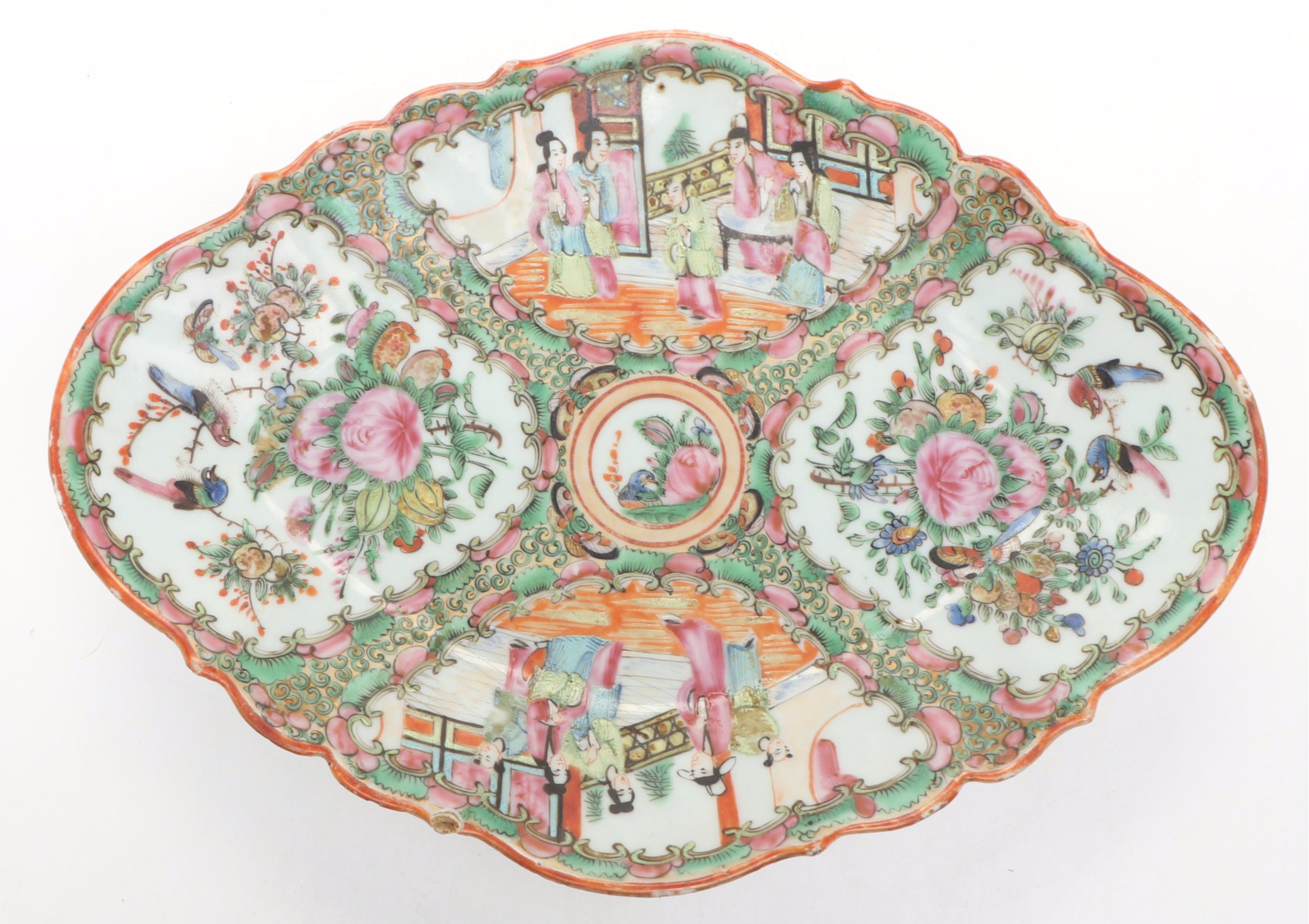 Chinese Porcelain Rose Medallion Lobed Tazza with Famille Rose Plate and Planter