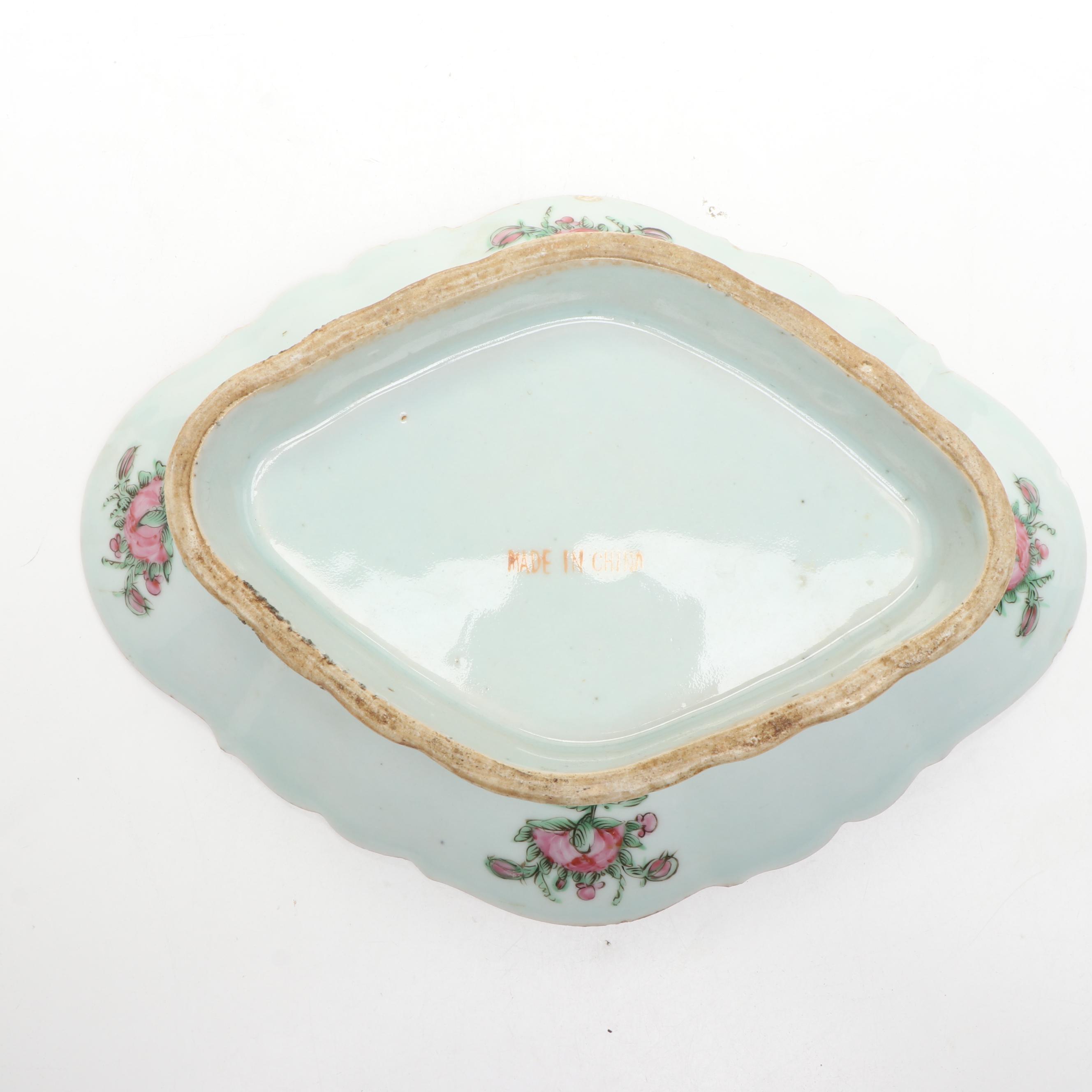 Chinese Porcelain Rose Medallion Lobed Tazza with Famille Rose Plate and Planter