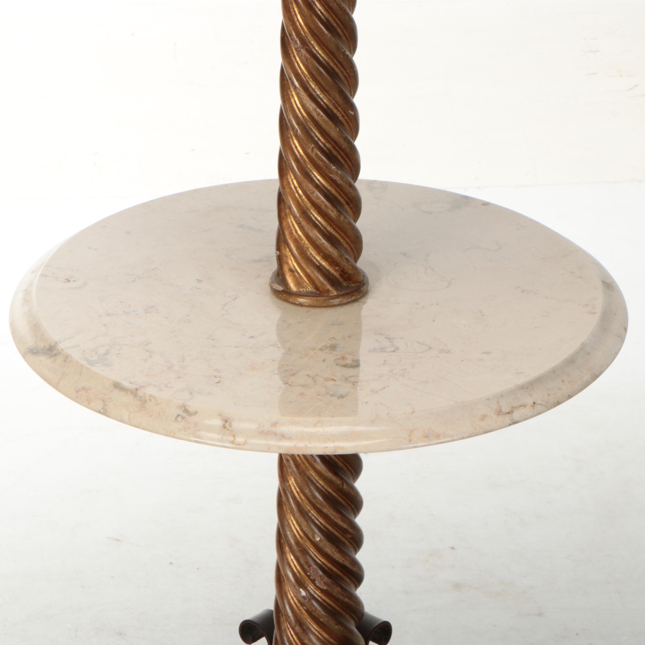 Patinated Gold Spiral Floor Lamp with Stone Table and Silk Shade, Vintage