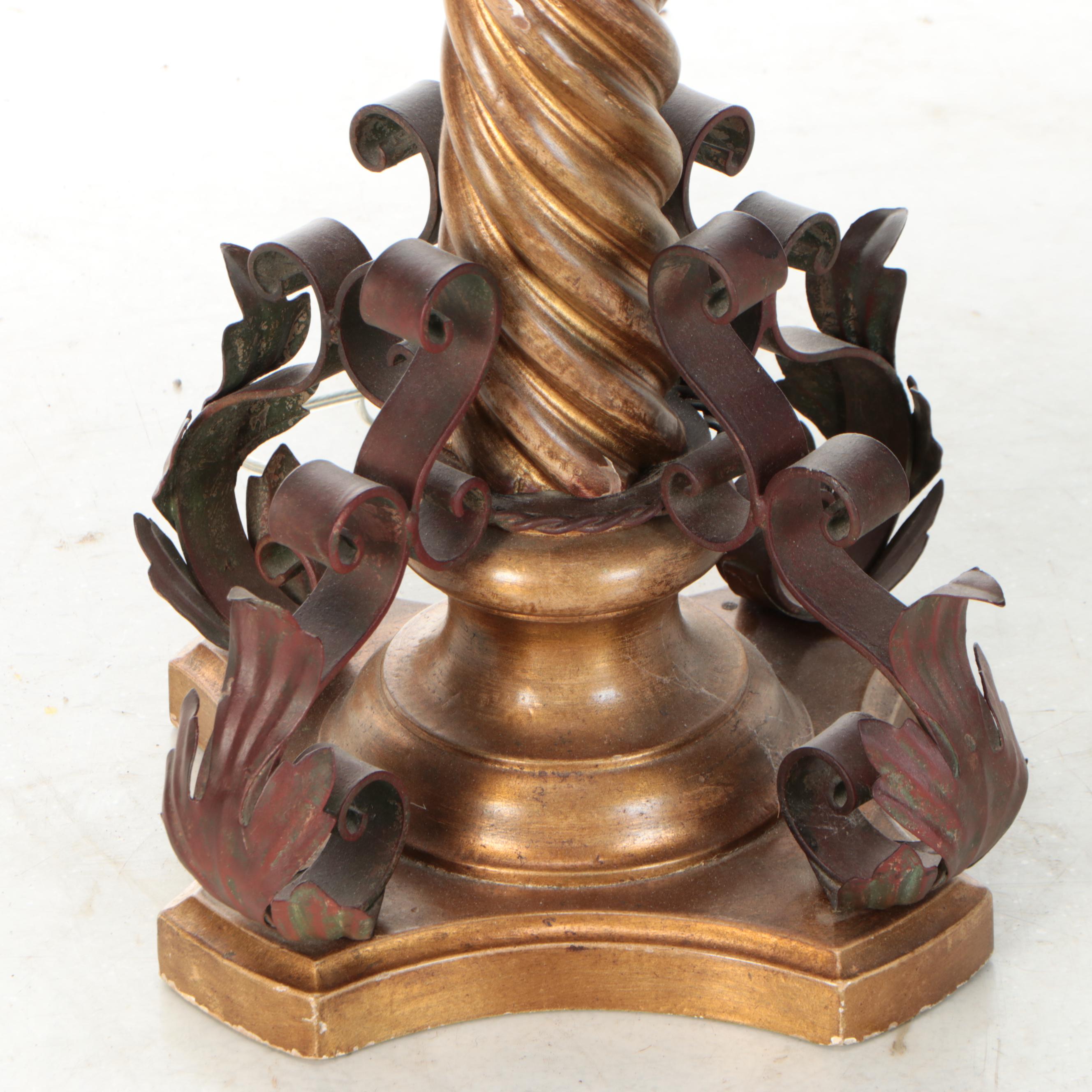 Patinated Gold Spiral Floor Lamp with Stone Table and Silk Shade, Vintage