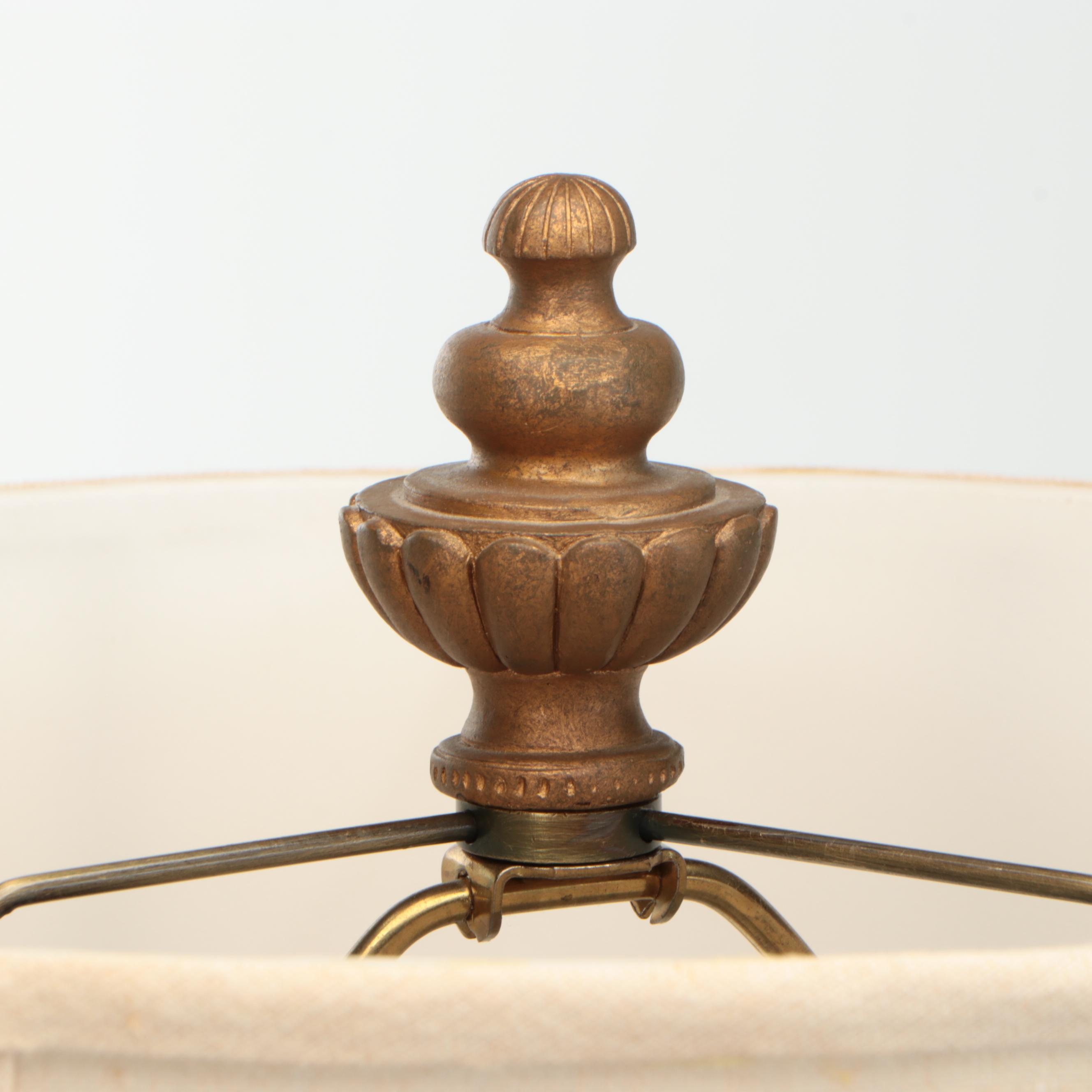 Patinated Gold Spiral Floor Lamp with Stone Table and Silk Shade, Vintage