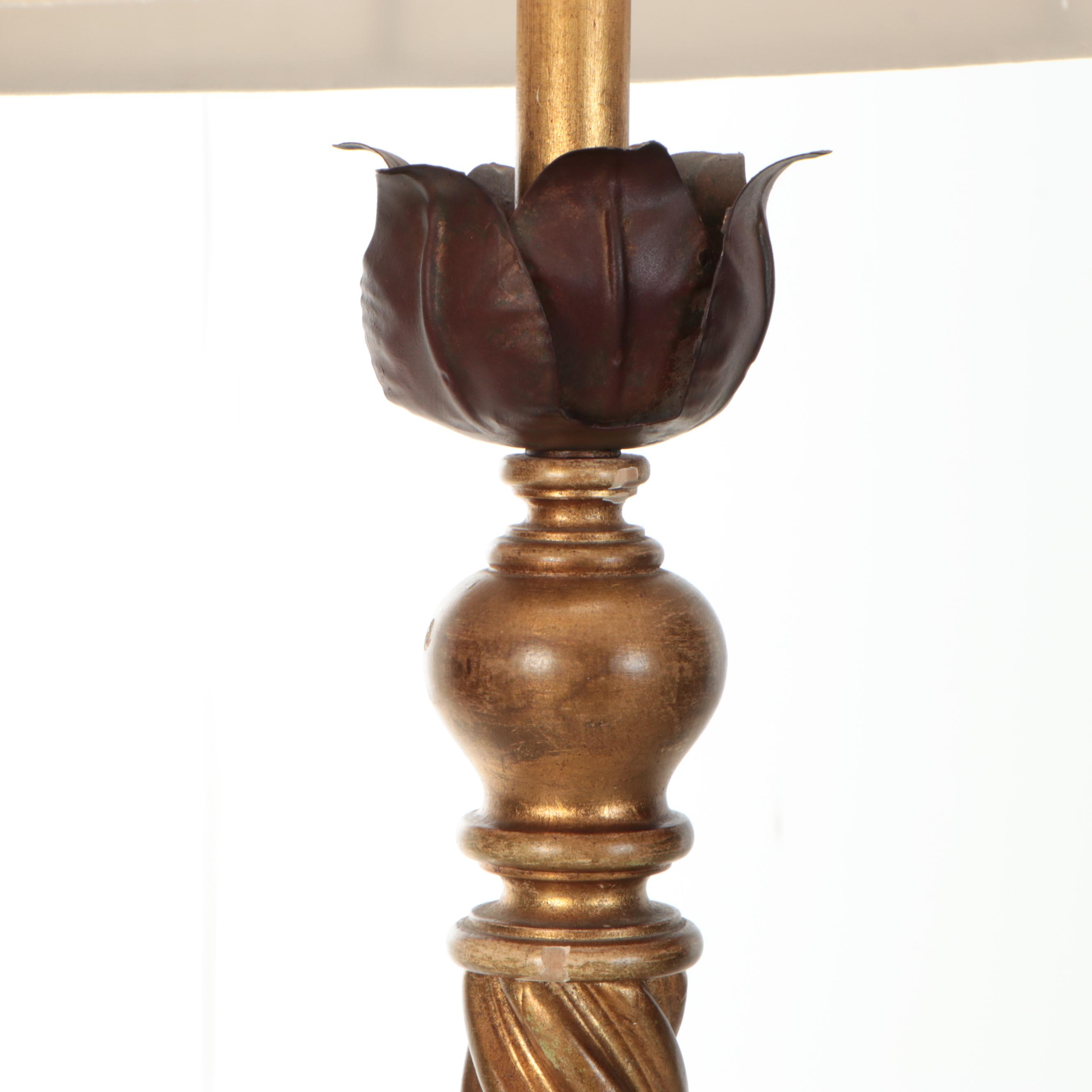 Patinated Gold Spiral Floor Lamp with Stone Table and Silk Shade, Vintage