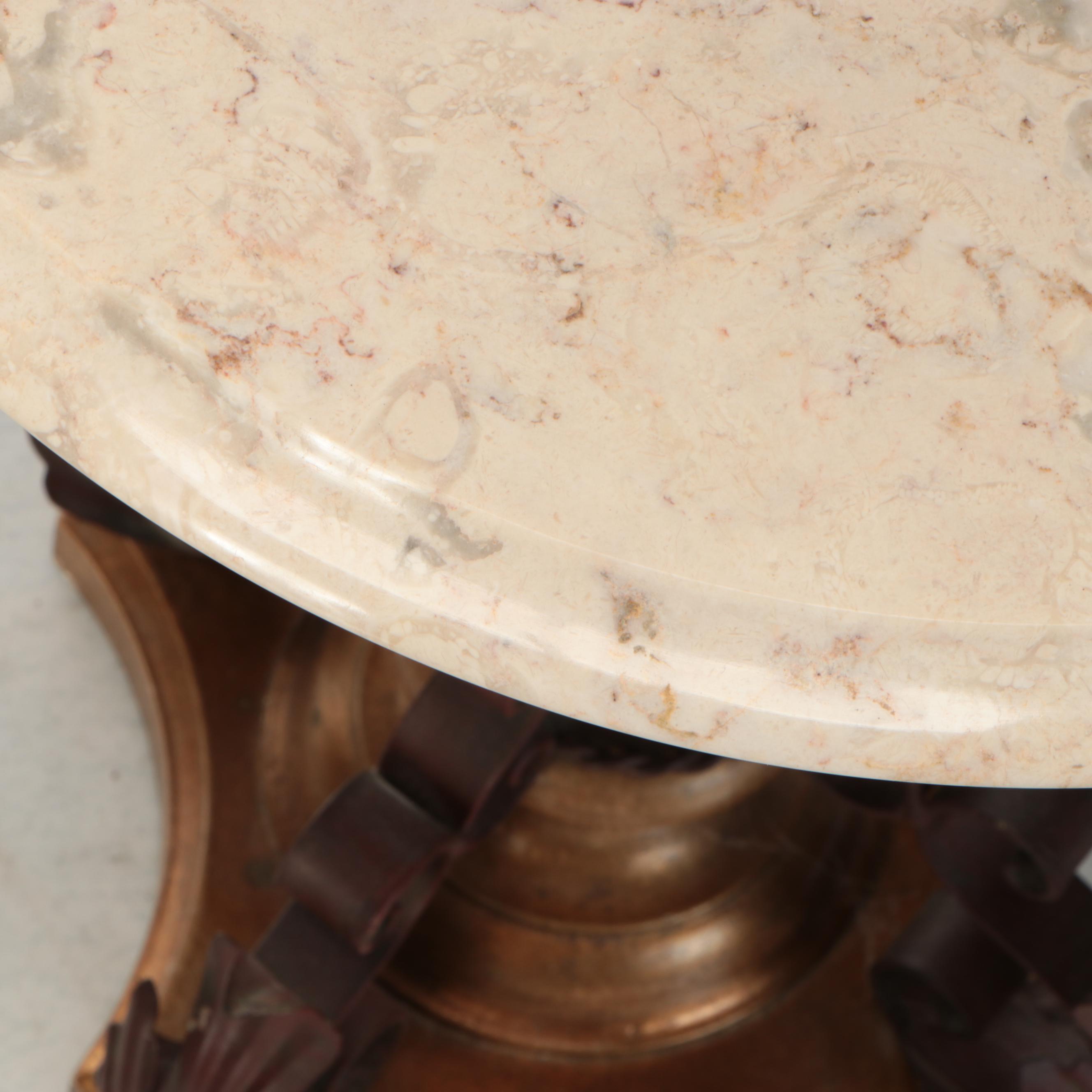 Patinated Gold Spiral Floor Lamp with Stone Table and Silk Shade, Vintage