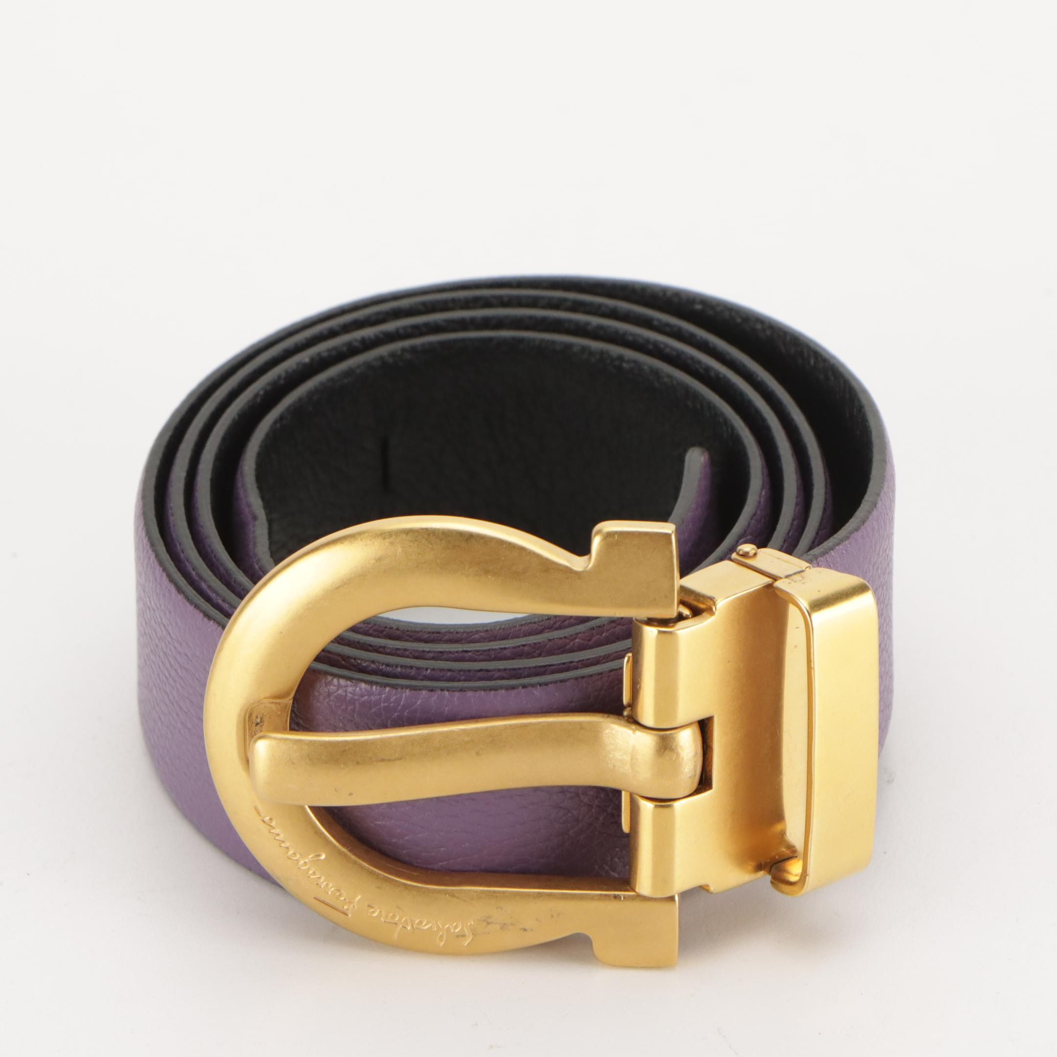 Salvatore Ferragamo Purple and Black Grain Leather Reversible Belt