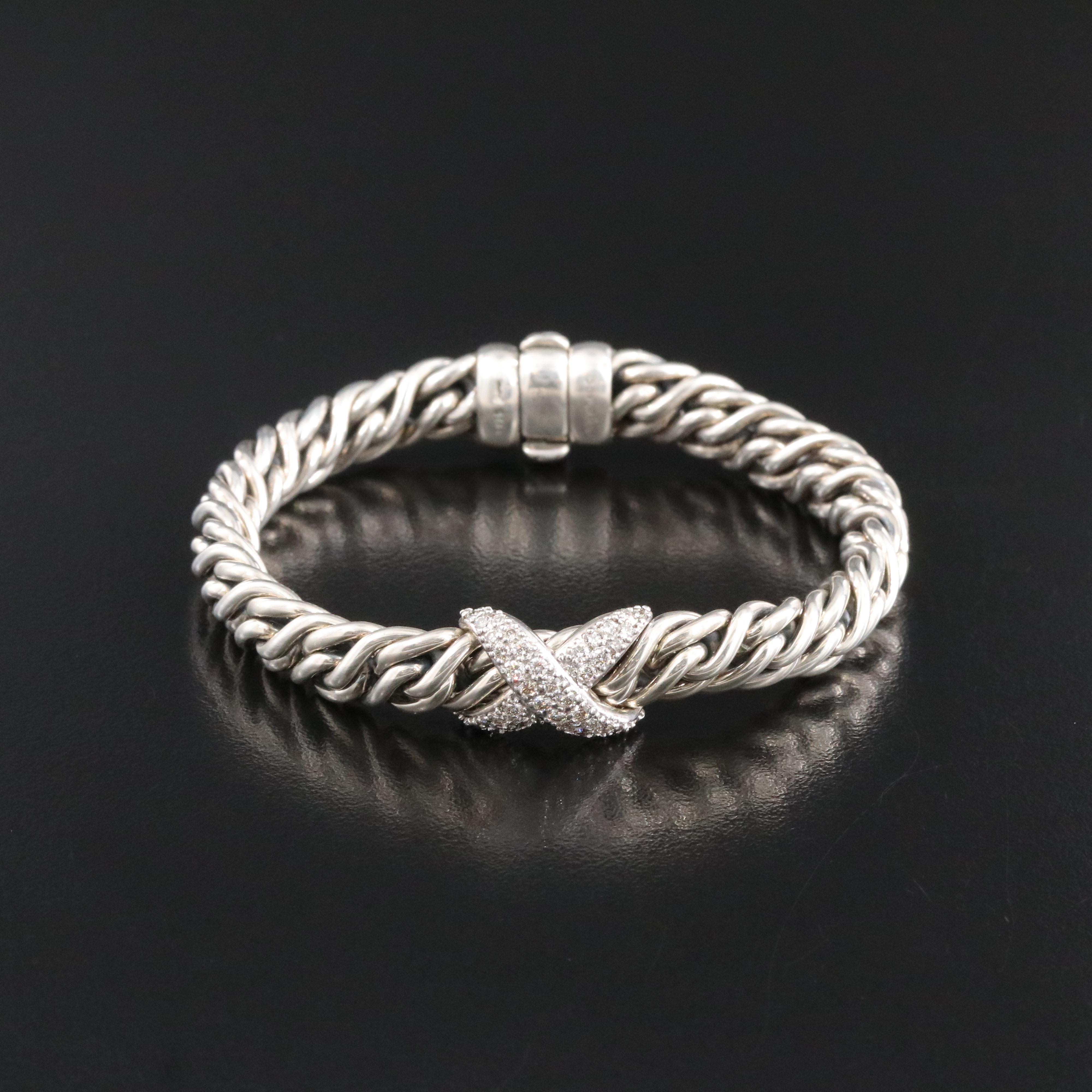 David Yurman Sterling 0.82 CTW Diamond X Station Wheat Chain Bracelet