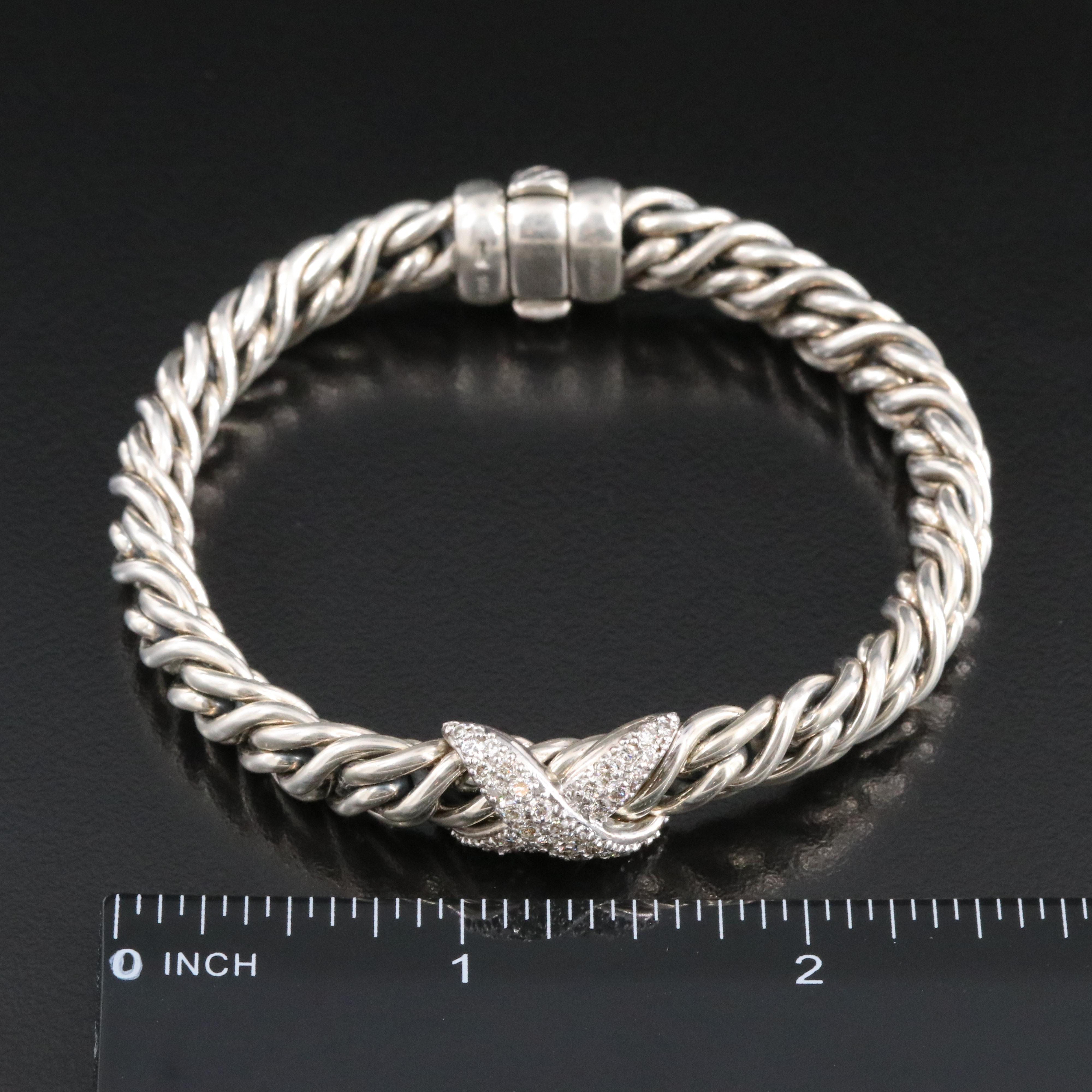 David Yurman Sterling 0.82 CTW Diamond X Station Wheat Chain Bracelet