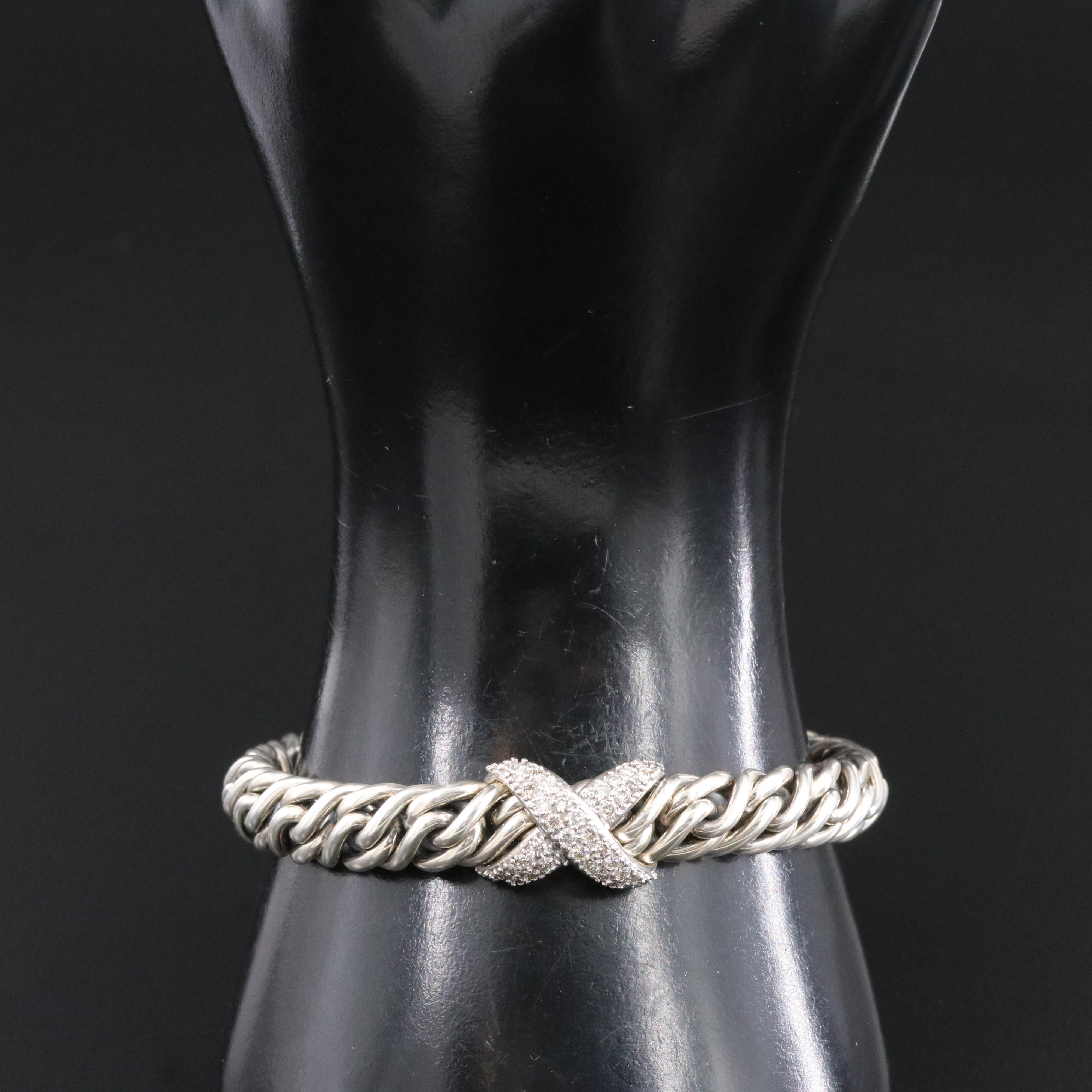 David Yurman Sterling 0.82 CTW Diamond X Station Wheat Chain Bracelet