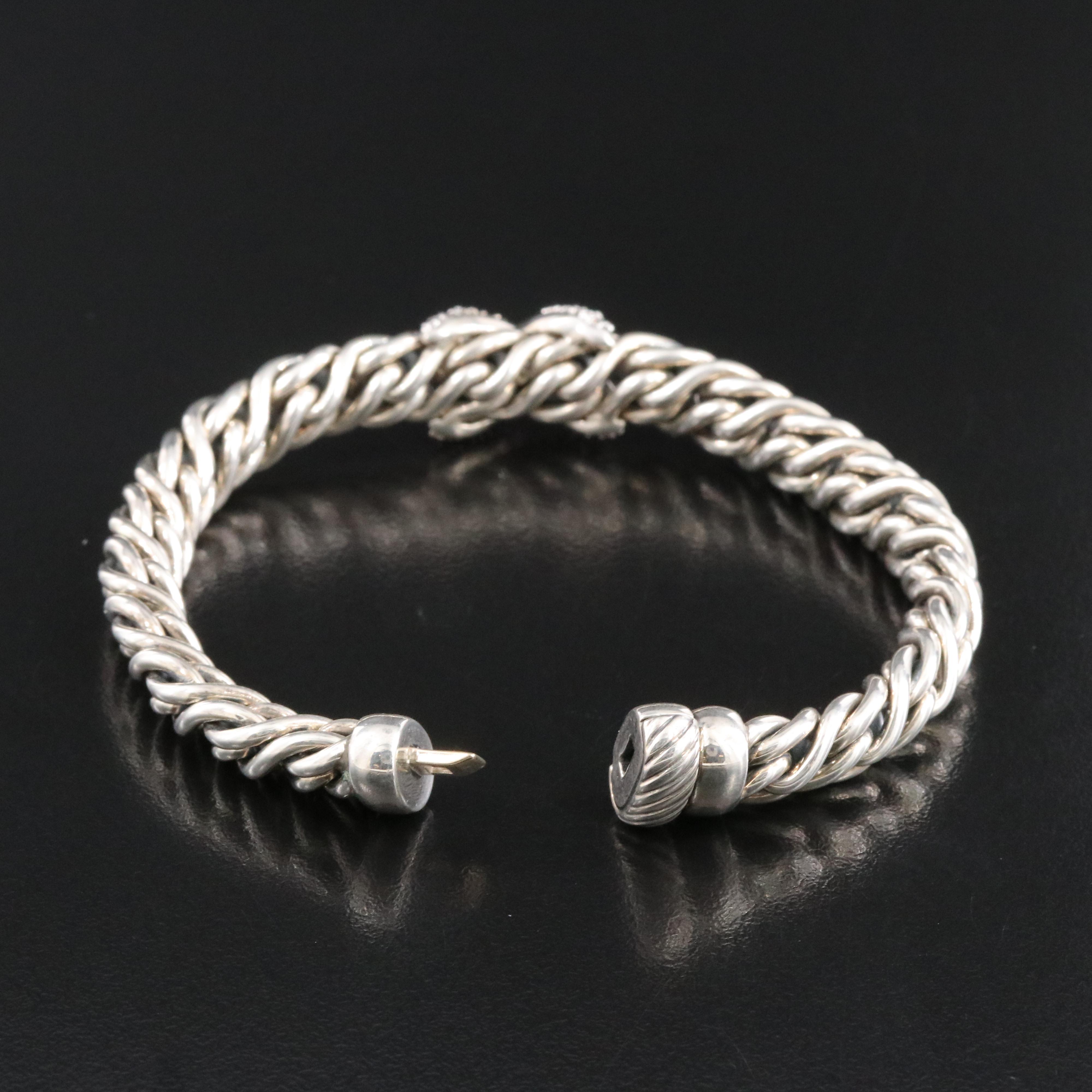 David Yurman Sterling 0.82 CTW Diamond X Station Wheat Chain Bracelet