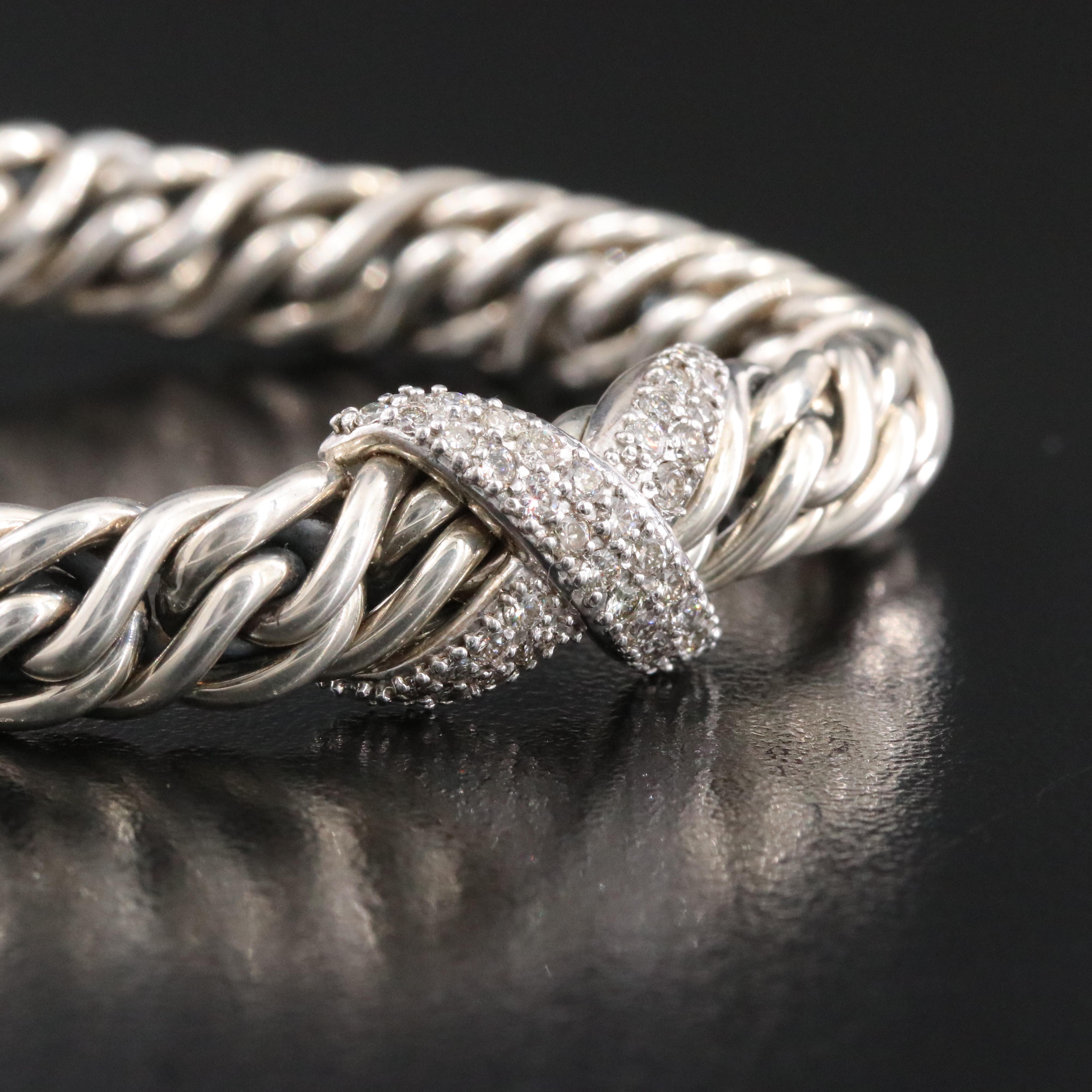 David Yurman Sterling 0.82 CTW Diamond X Station Wheat Chain Bracelet