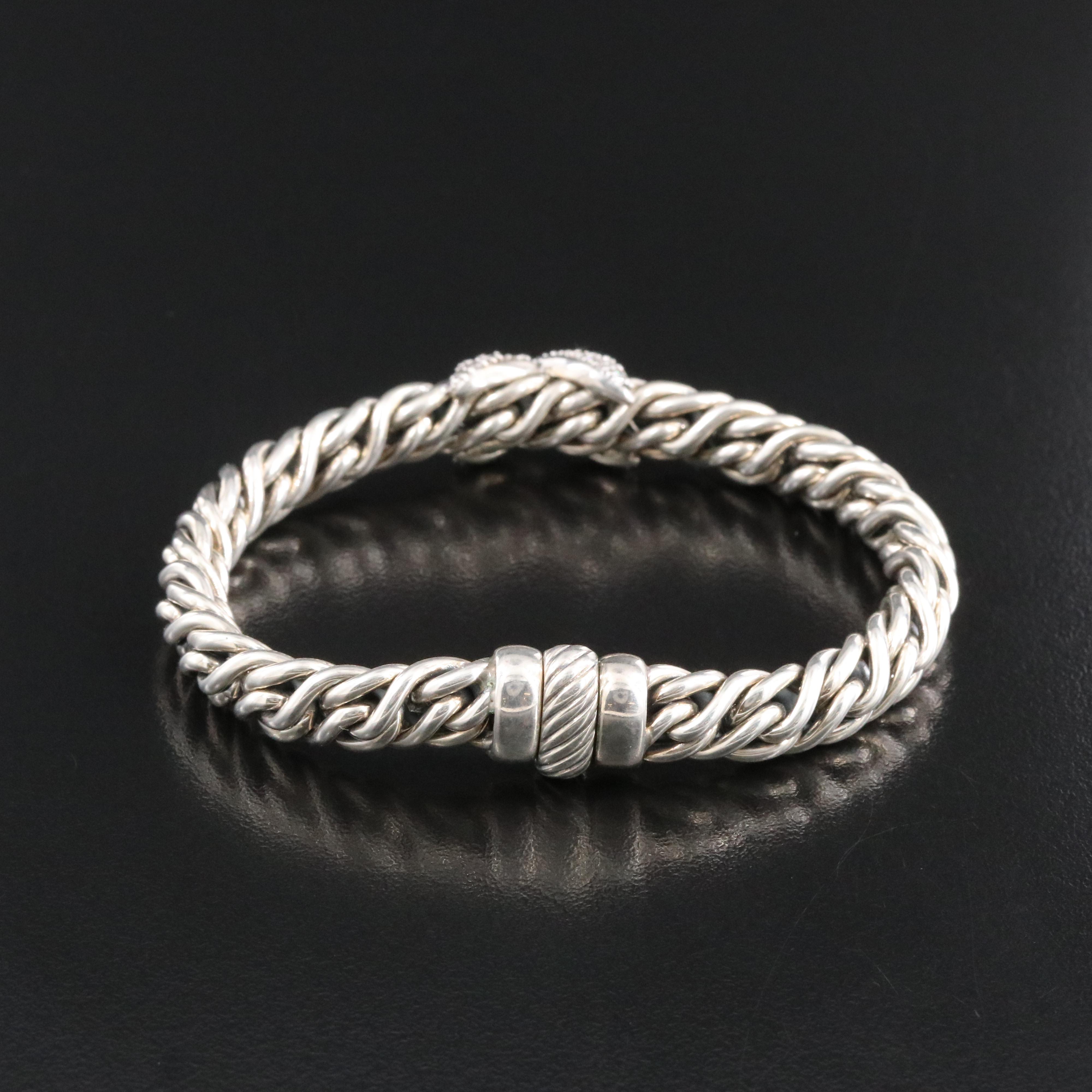 David Yurman Sterling 0.82 CTW Diamond X Station Wheat Chain Bracelet