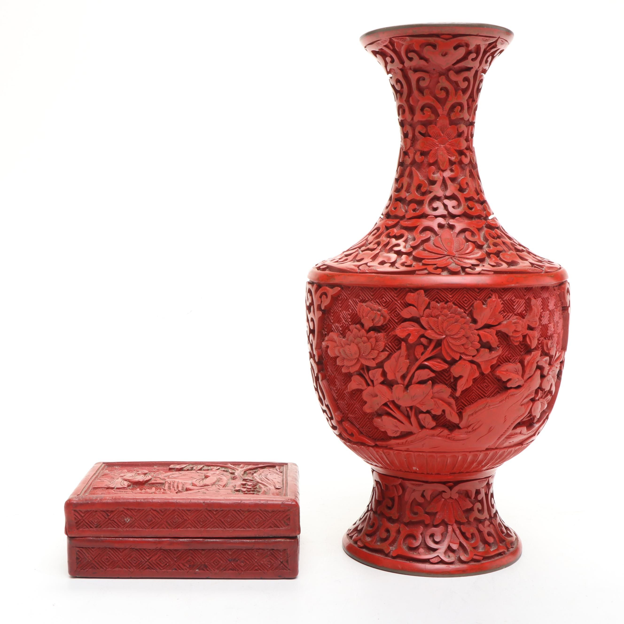 Chinese Floral Red Finish Enamel Vase with Brass Rims and Wood Decorative Box