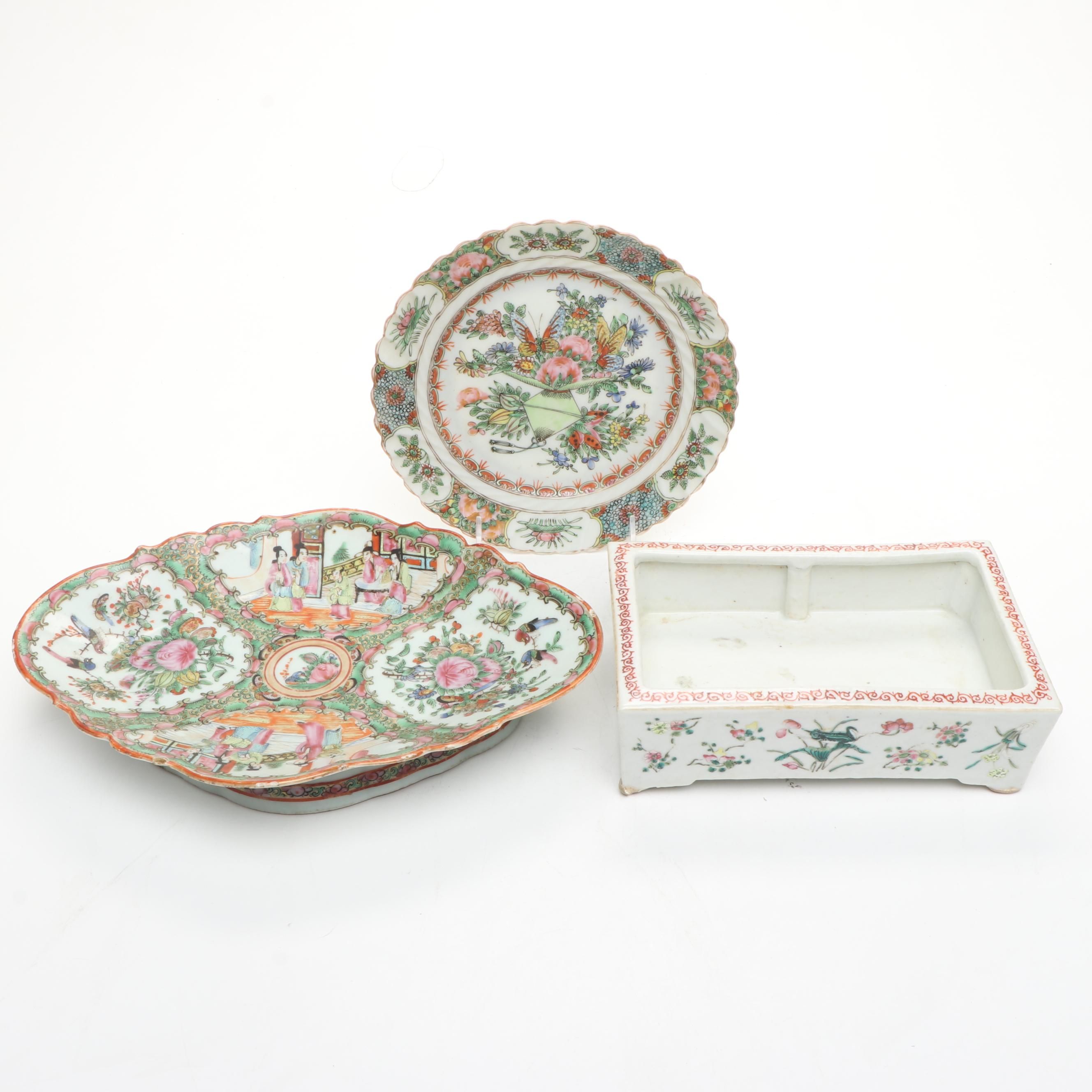 Chinese Porcelain Rose Medallion Lobed Tazza with Famille Rose Plate and Planter