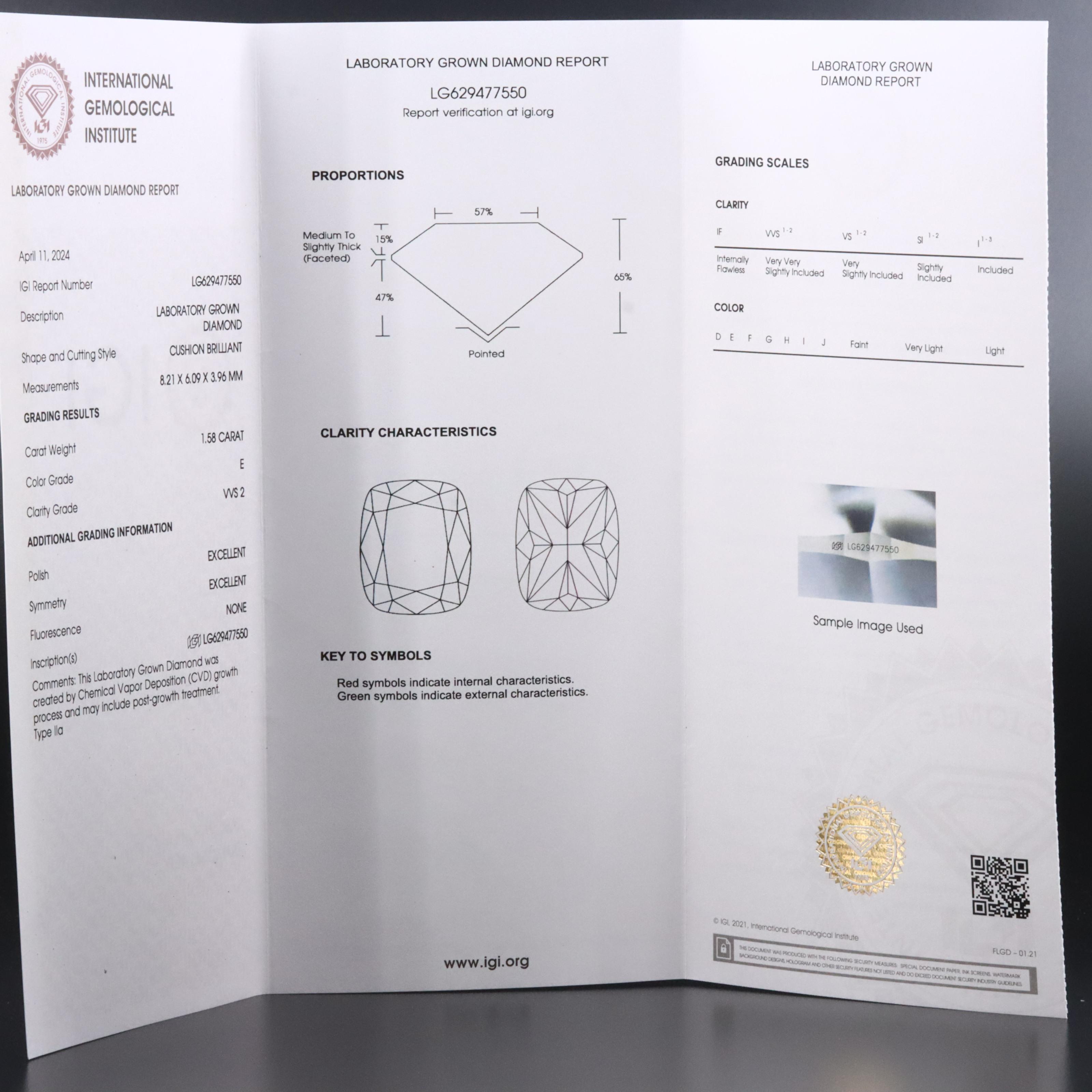 Loose 1.58 CT Lab Grown Diamond with IGI Report