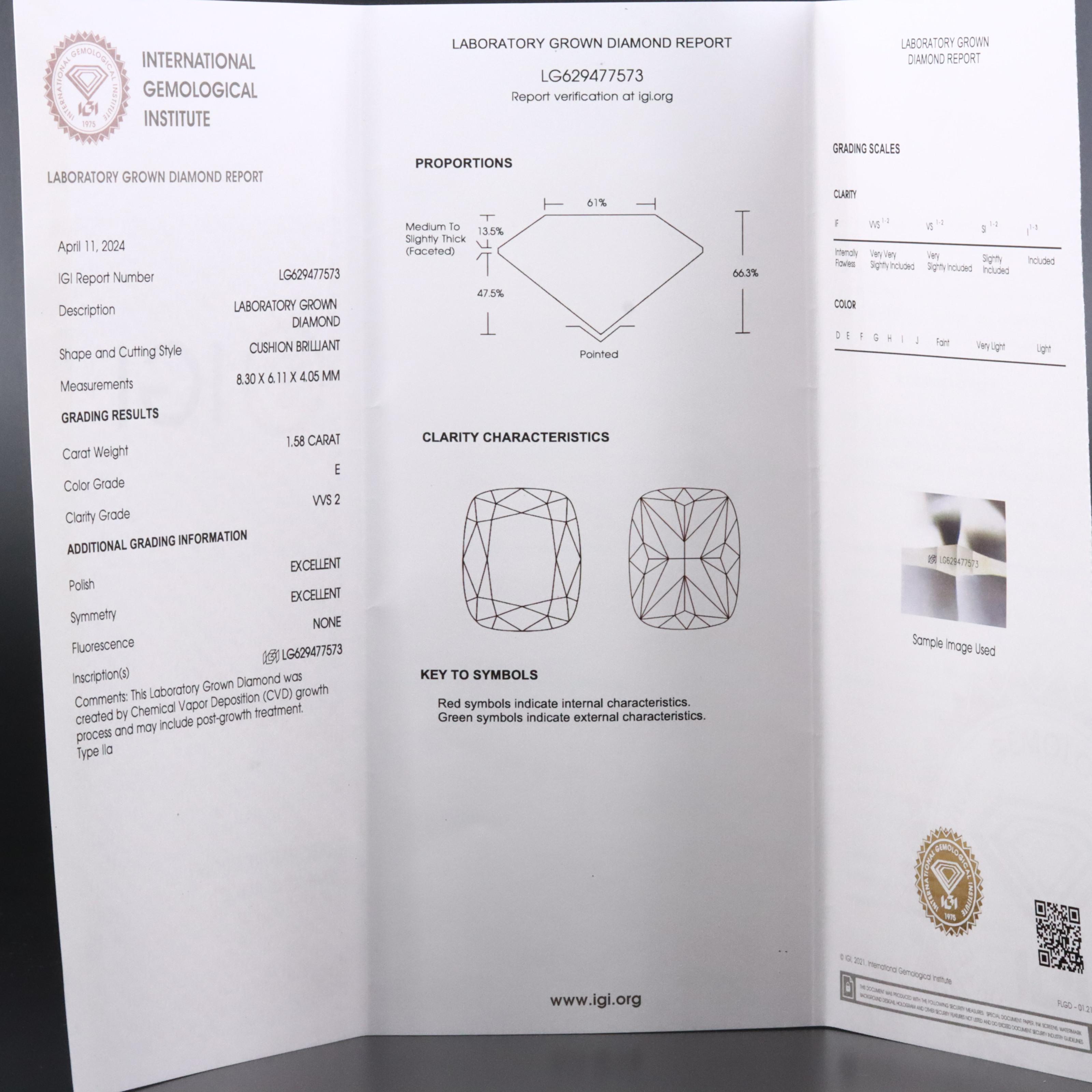 Loose 1.58 CT Lab Grown Diamond with IGI Report