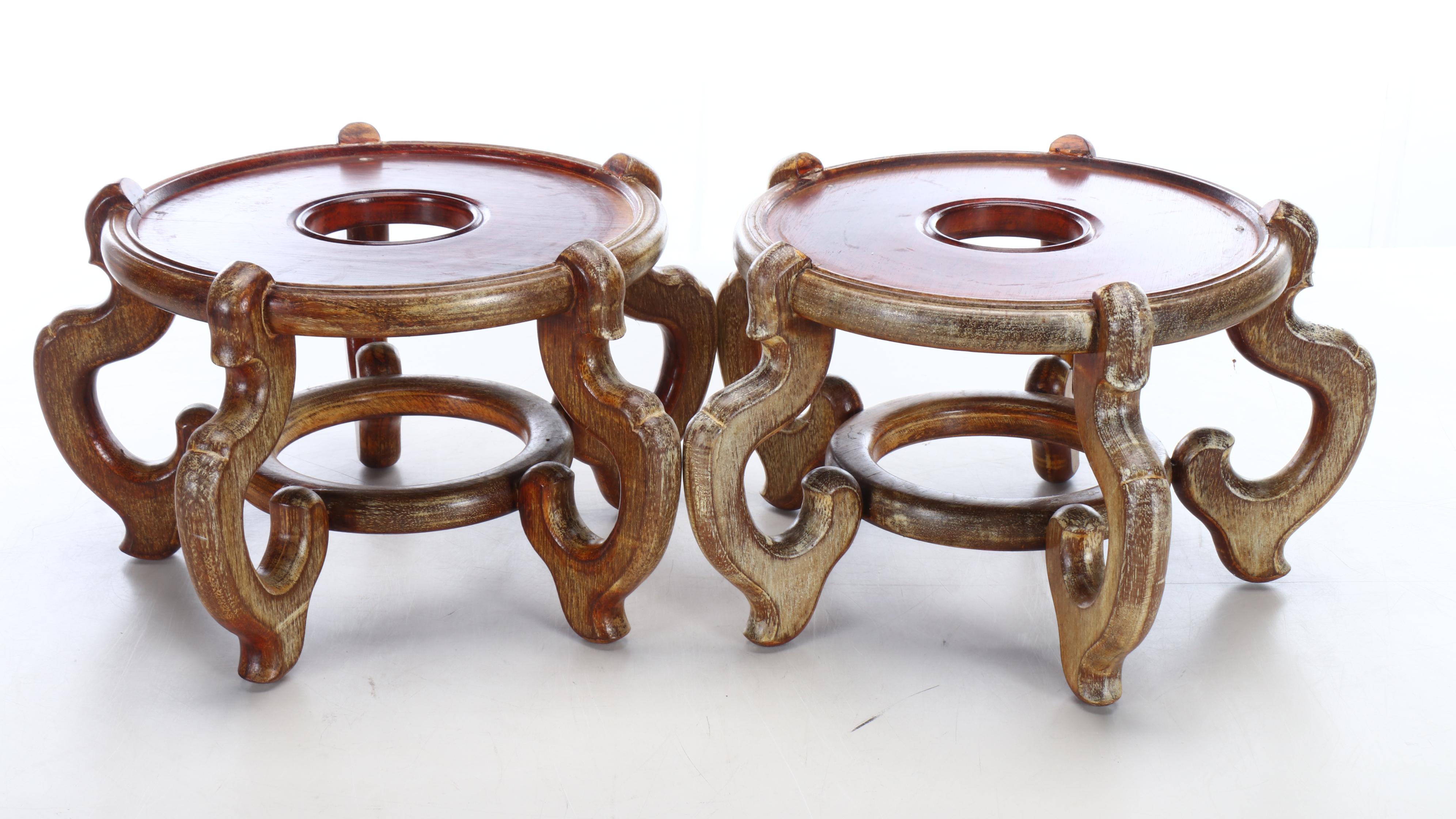 Pair of Chinese Porcelain Famille Noire Fishbowl Planters with Stands