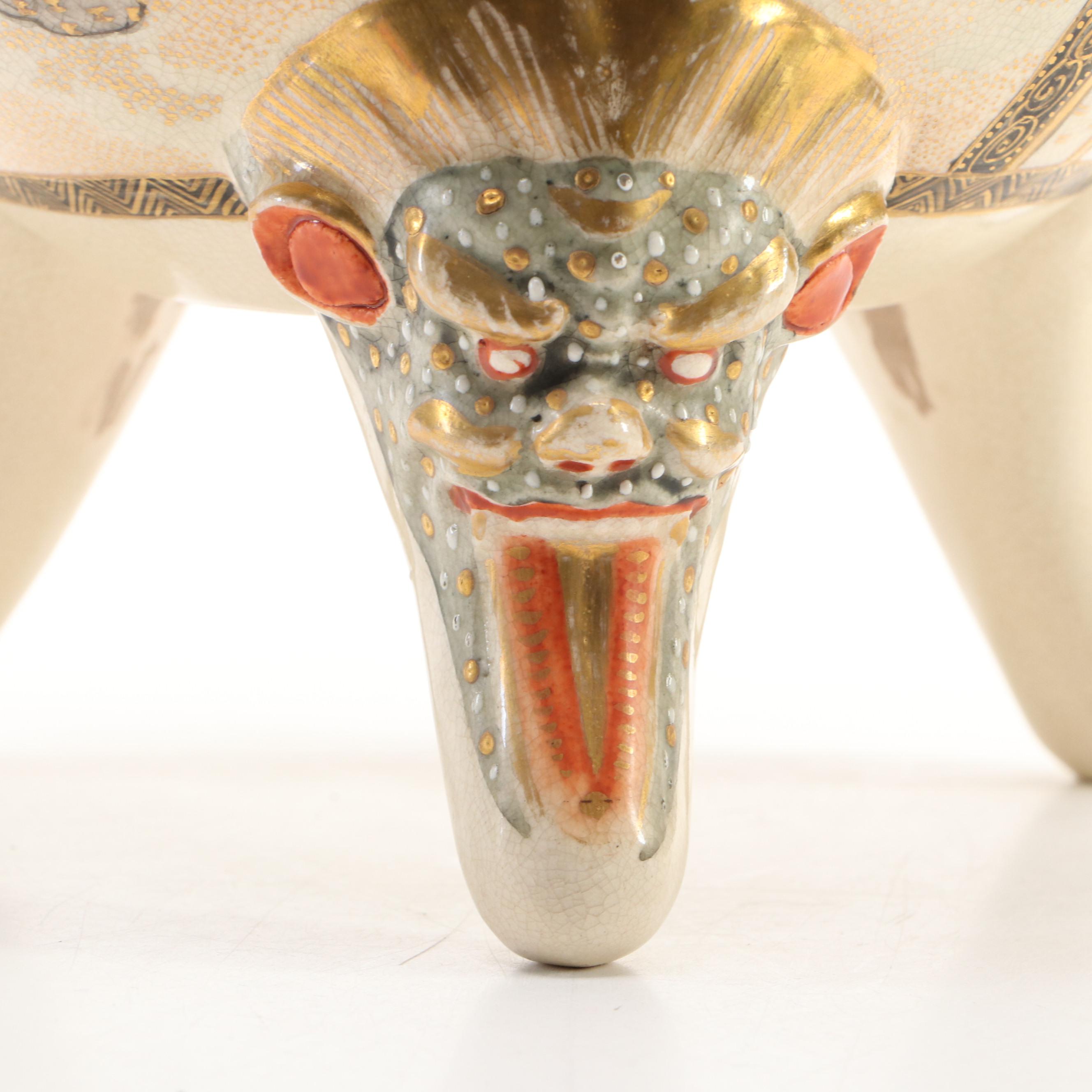 Japanese Satsuma Style Porcelain Censer with Guardian Lion Finial