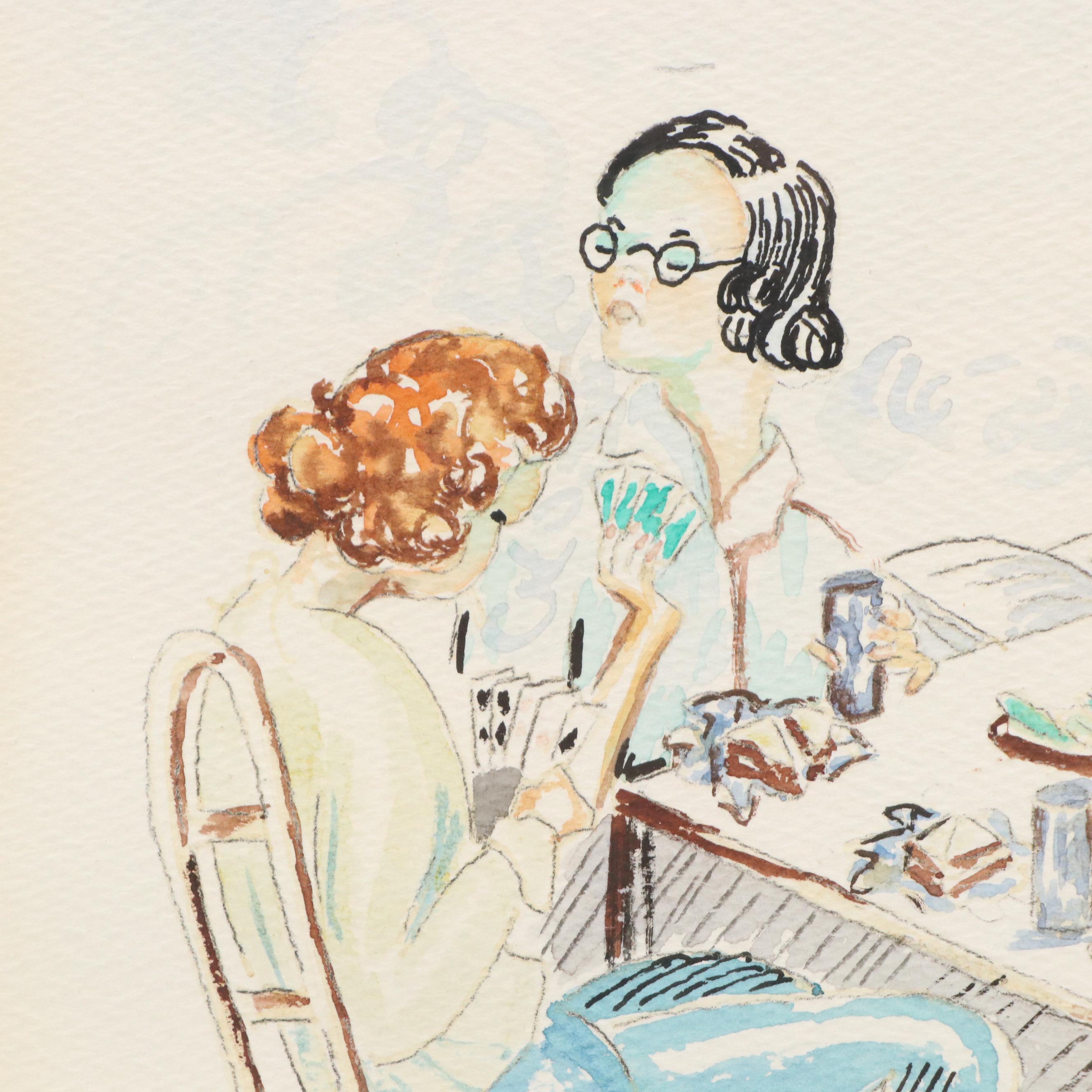 Mary Bell Watercolor Painting of Bridge Players, Mid to Late 20th Century